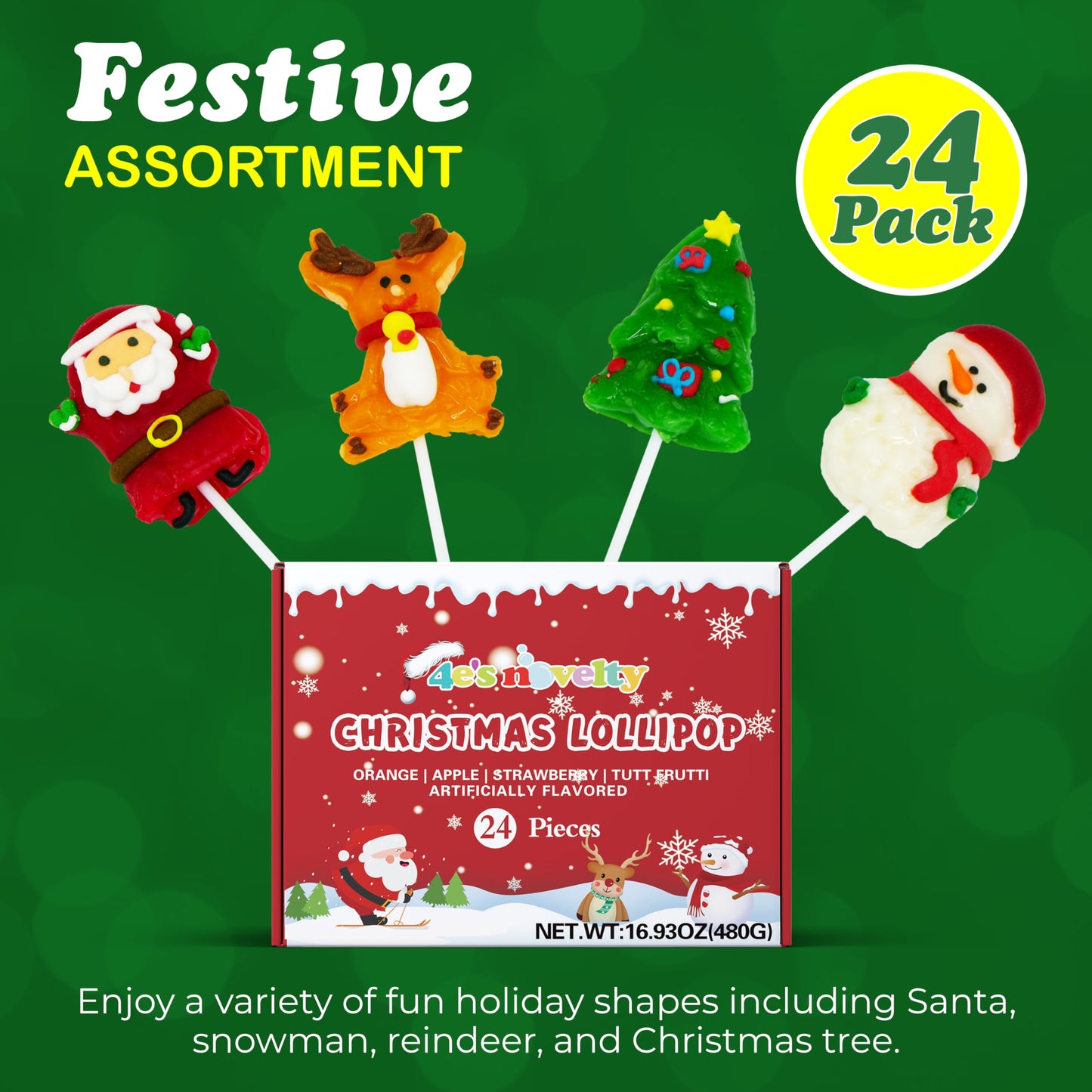 4Es Novelty 24 Pack Christmas Lollipops Santa, Snowman, Reindeer, Tree, Christmas Lollipops Individually Wrapped Bulk, Candy Suckers, Stocking Stuffer Candy For Kids & Mature-Themeds