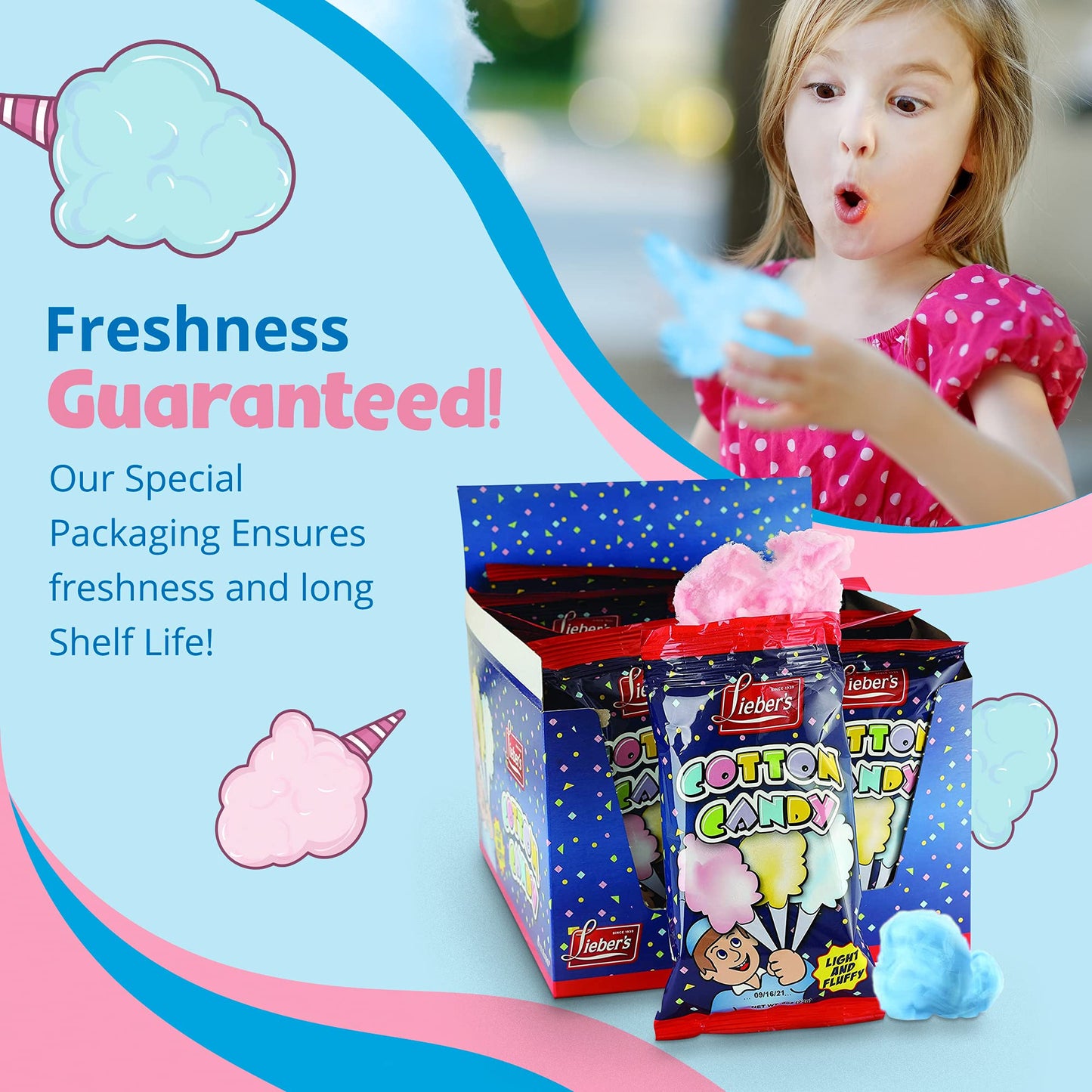 Lieber'S Cotton Candy | 48 Pack Of Light & Fluffy Vintage Candy | Blue & Red Carnival Birthday Party Favors Treats Supplies For