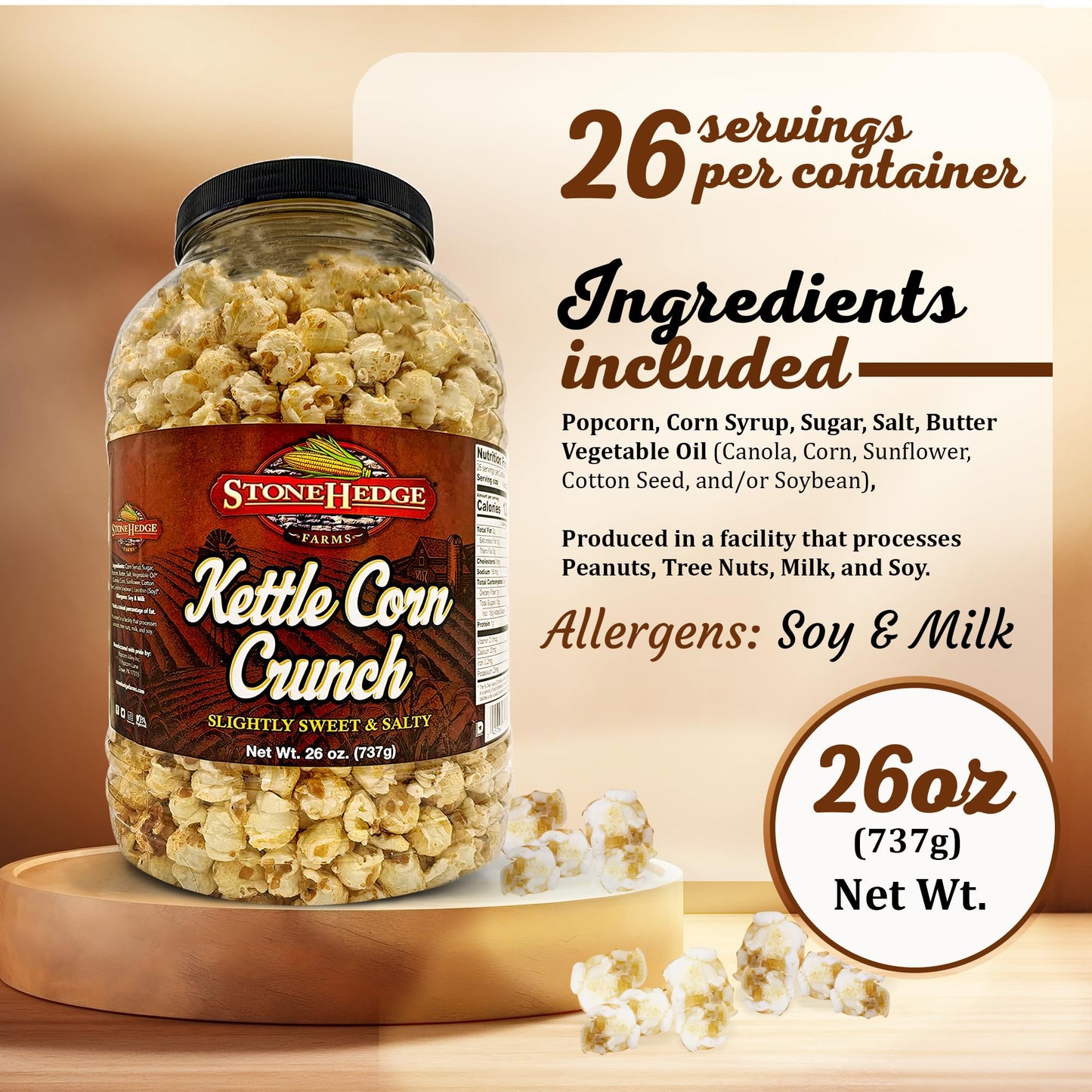 Stonehedge Farms Kettle Corn Crunch Popcorn | 26 Oz (Pack Of 2) Reclosable Barrels | Bulk Popped Gourmet Kettlecorn | Made In Us