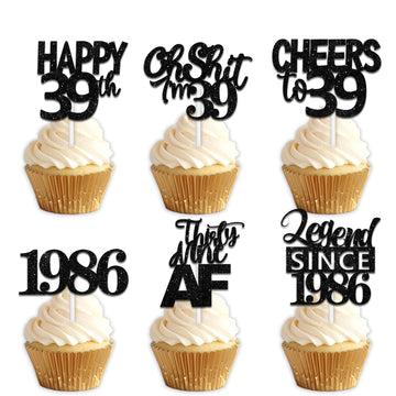 18pcs Black Glitter Happy 39th Dessert Cupcake Topper Pick for Funny Legend Since 1986 Theme Decor Supplies Men Women Happy 39 B