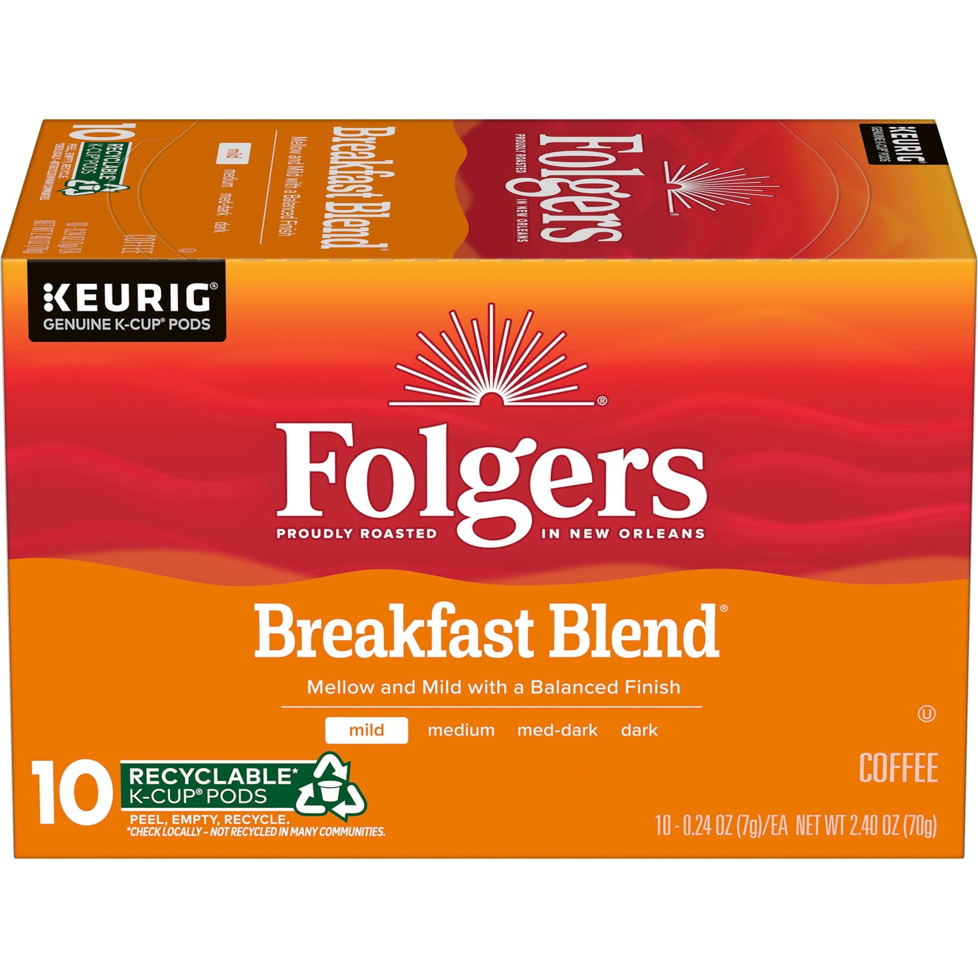 Folgers Breakfast Blend Coffee, Mild Roast, Keurig K-Cup Pods, 10 Count Box