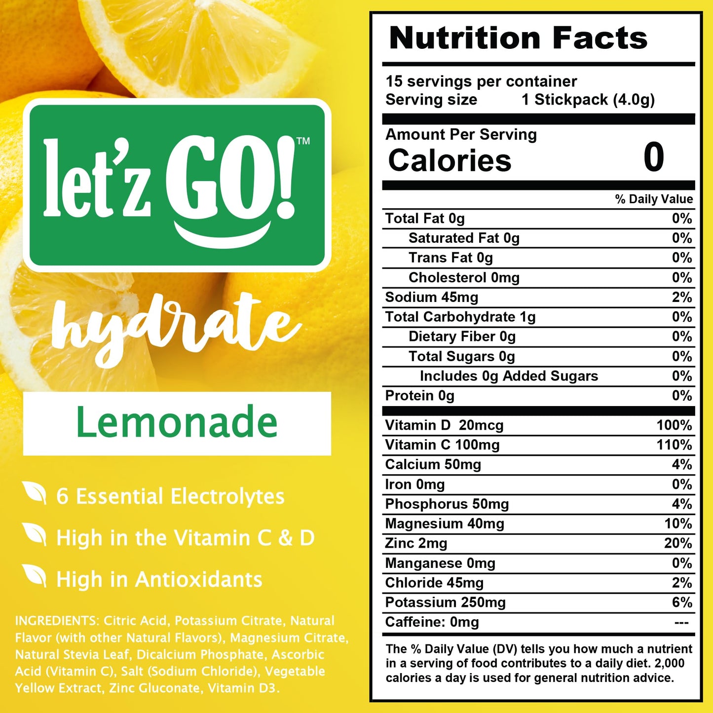 Letz Go! Hydrate Electrolyte Drink Mix, Natural Flavors, No Sugar, 15 Count Pack, Lemonade