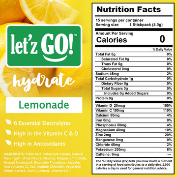 Letz Go! Hydrate Electrolyte Drink Mix, Natural Flavors, No Sugar, 15 Count Pack, Lemonade