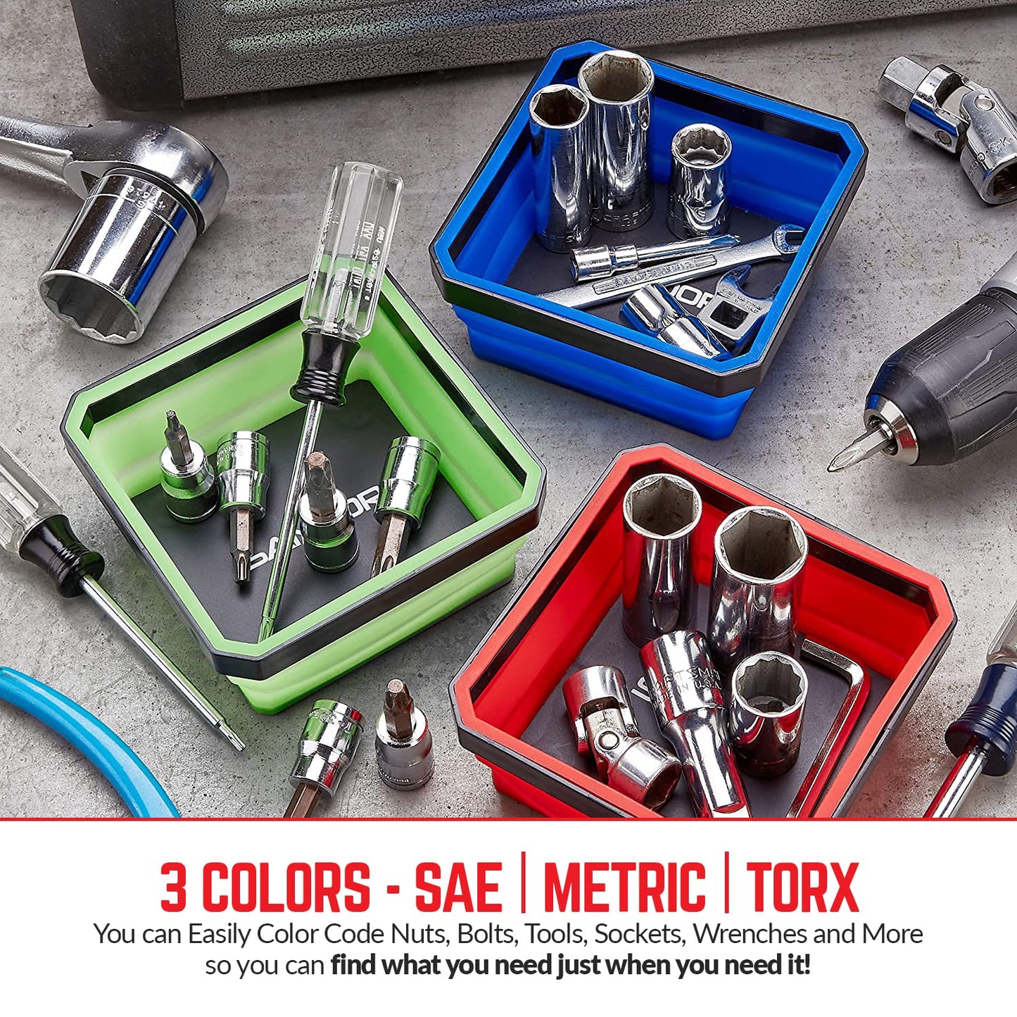 collapsible Magnetic Parts Tray Set - (Pack of 3) Tool Trays for Screw, Bolts, Nuts, Washers, Pins and Other Small Metal Parts -