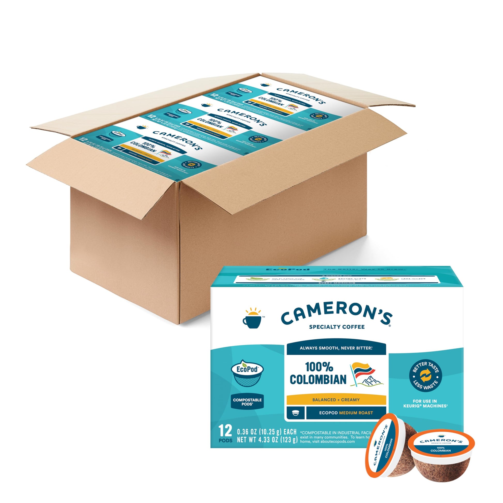 Cameron s Coffee Colombian Medium Roast EcoPods Coffee, 12 Count, Caffeinated, 4.33 Ounce (Pack of 6)