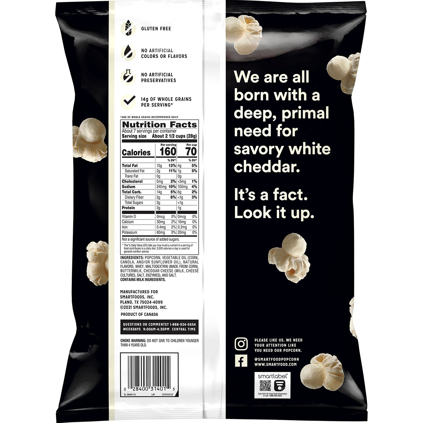 Smartfood Popcorn, White Cheddar, 6.75 Oz Bag