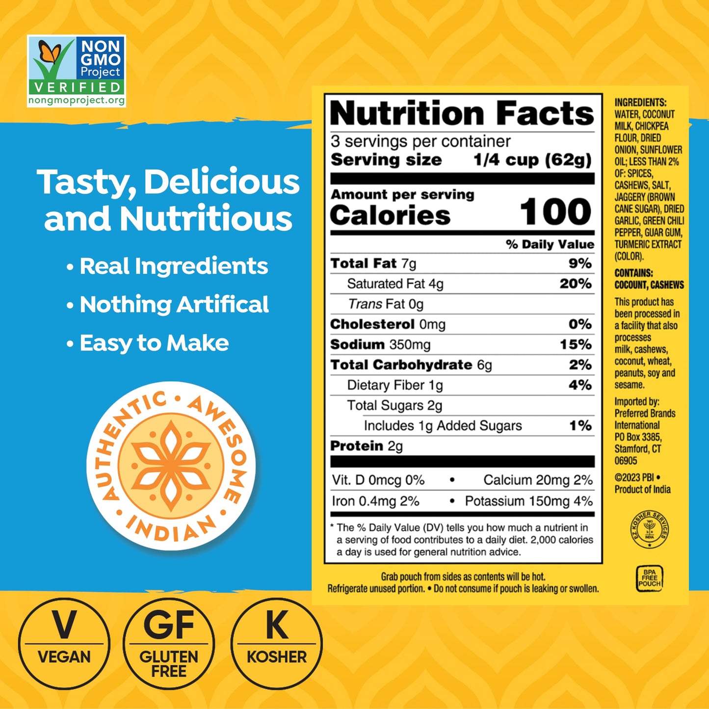 Tasty Bite Awadhi Style Coconut Korma Sauce, 7 Oz (Pack of 5), Vegan, Cashew & Coconut, 3-4 Servings Per Pouch
