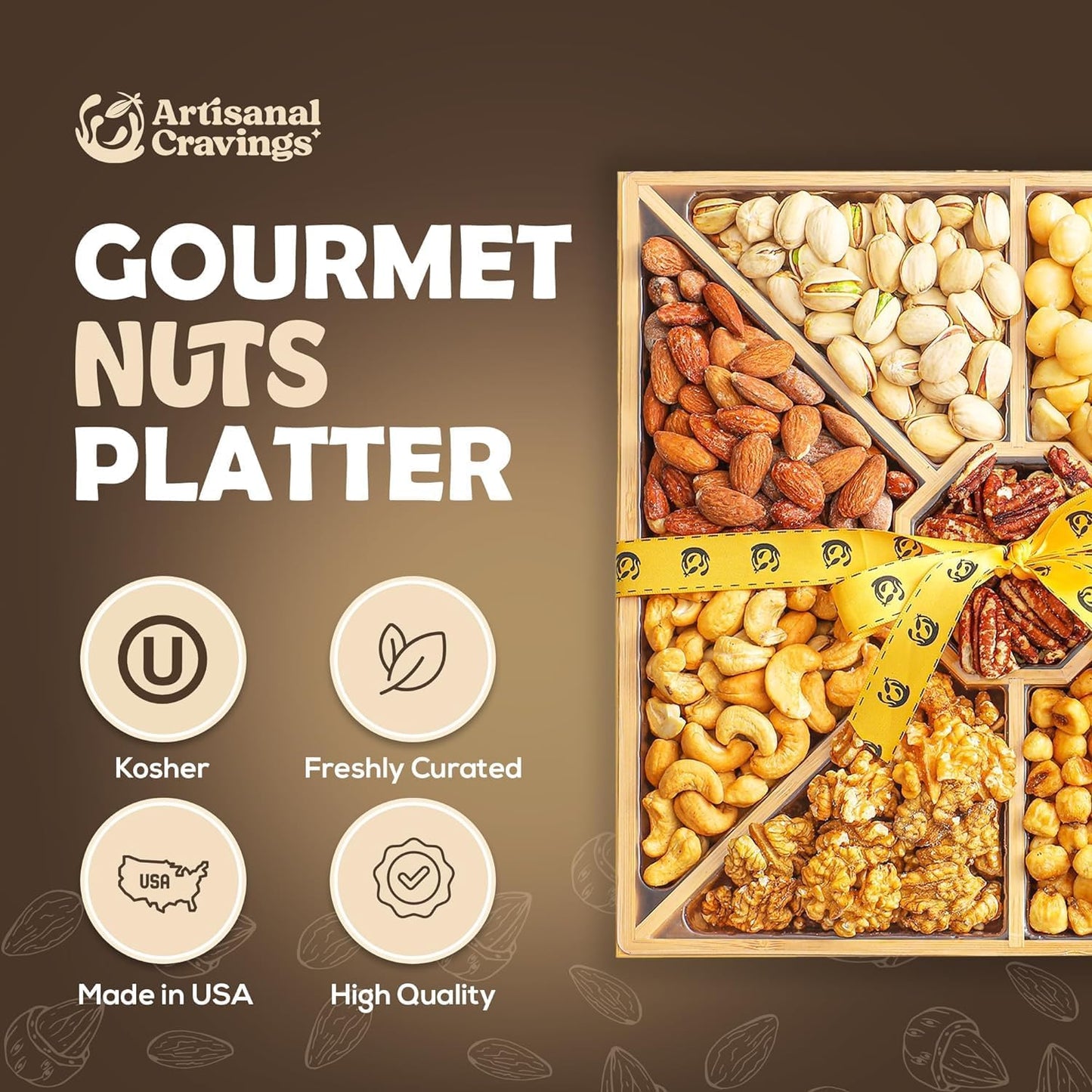 Valentines Day Gourmet Mixed Nuts Gift Basket With Lazy Susan | Xl 2 Lb Platter Includes 9 Assortments Of Premium Nuts - Sleek B