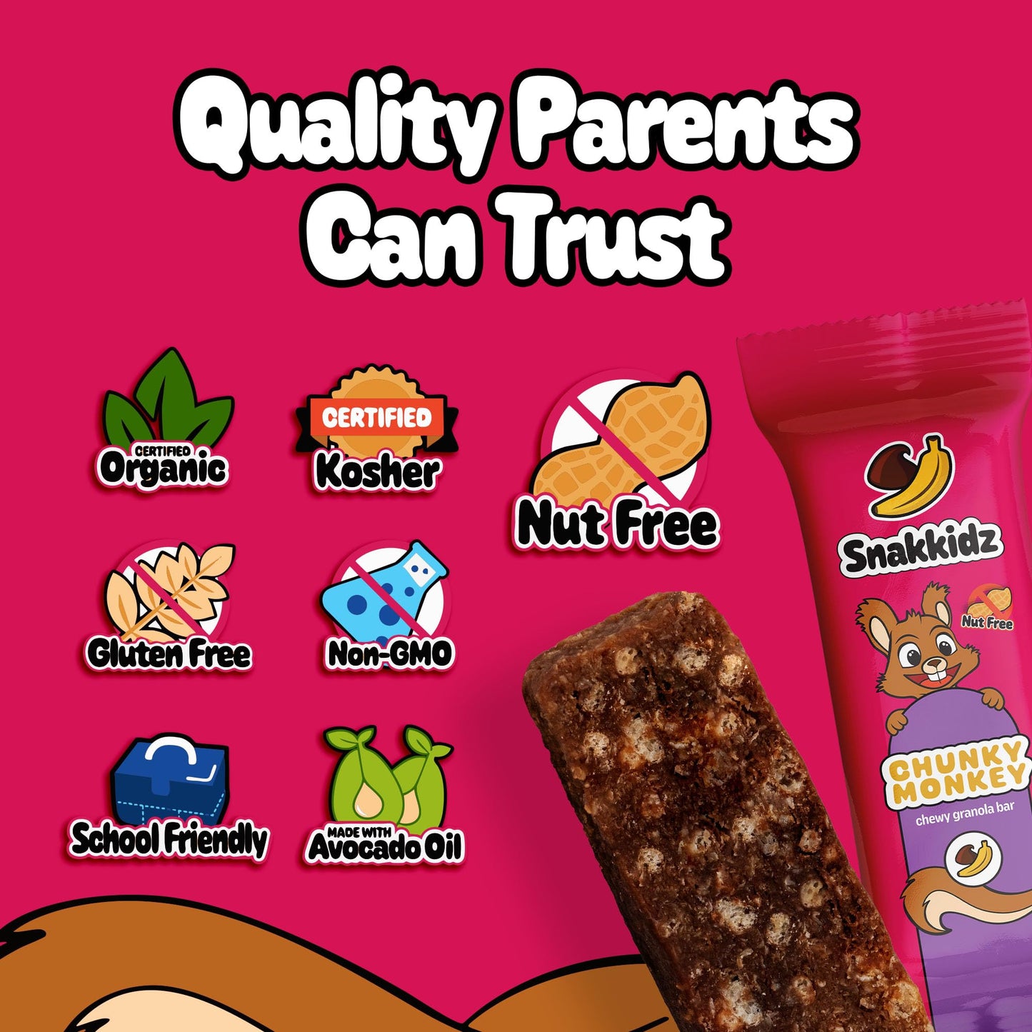 Snakkidz Organic Chewy Granola Bar, Allergen Free, Low Sugar, 15 Bars, Chunky Monkey, Brown