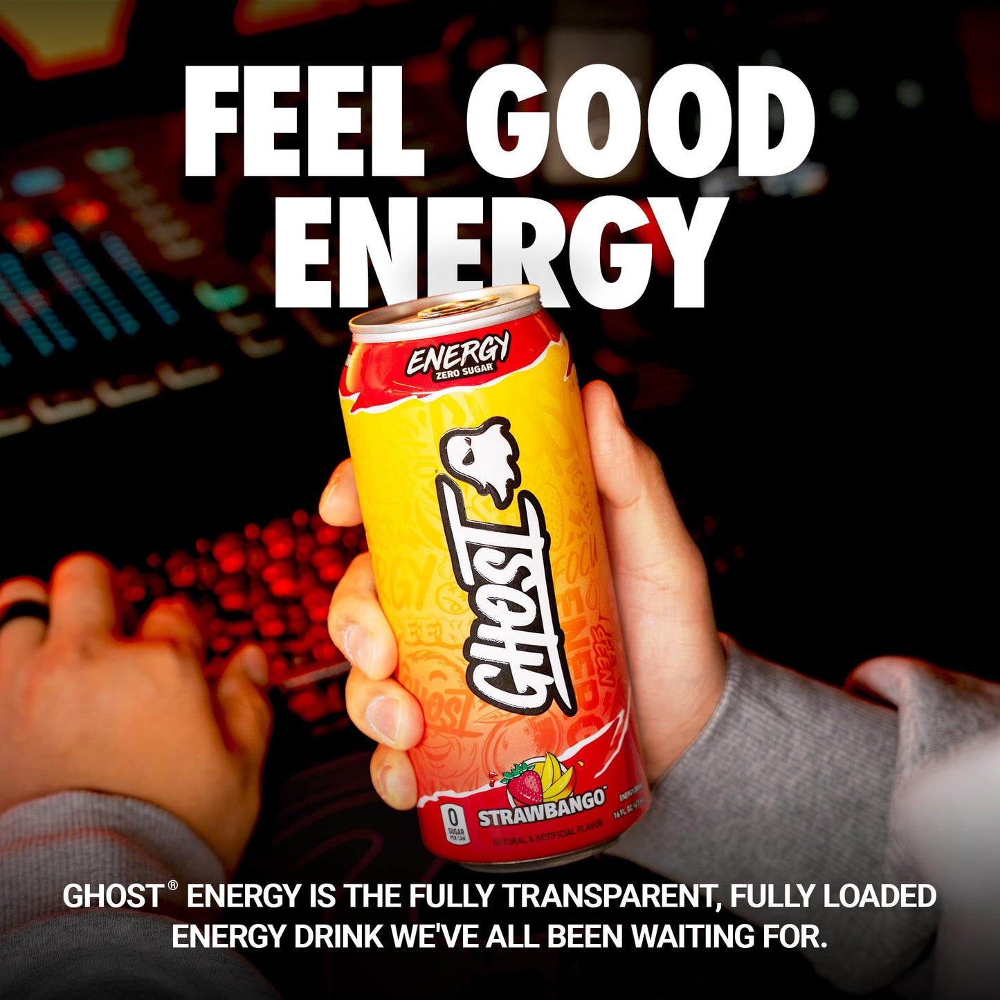 GHOST Energy Drink - 12-Pack Strawbango - 16oz - Gluten-Free, Vegan, 200mg Natural Caffeine, No Artificial Colors