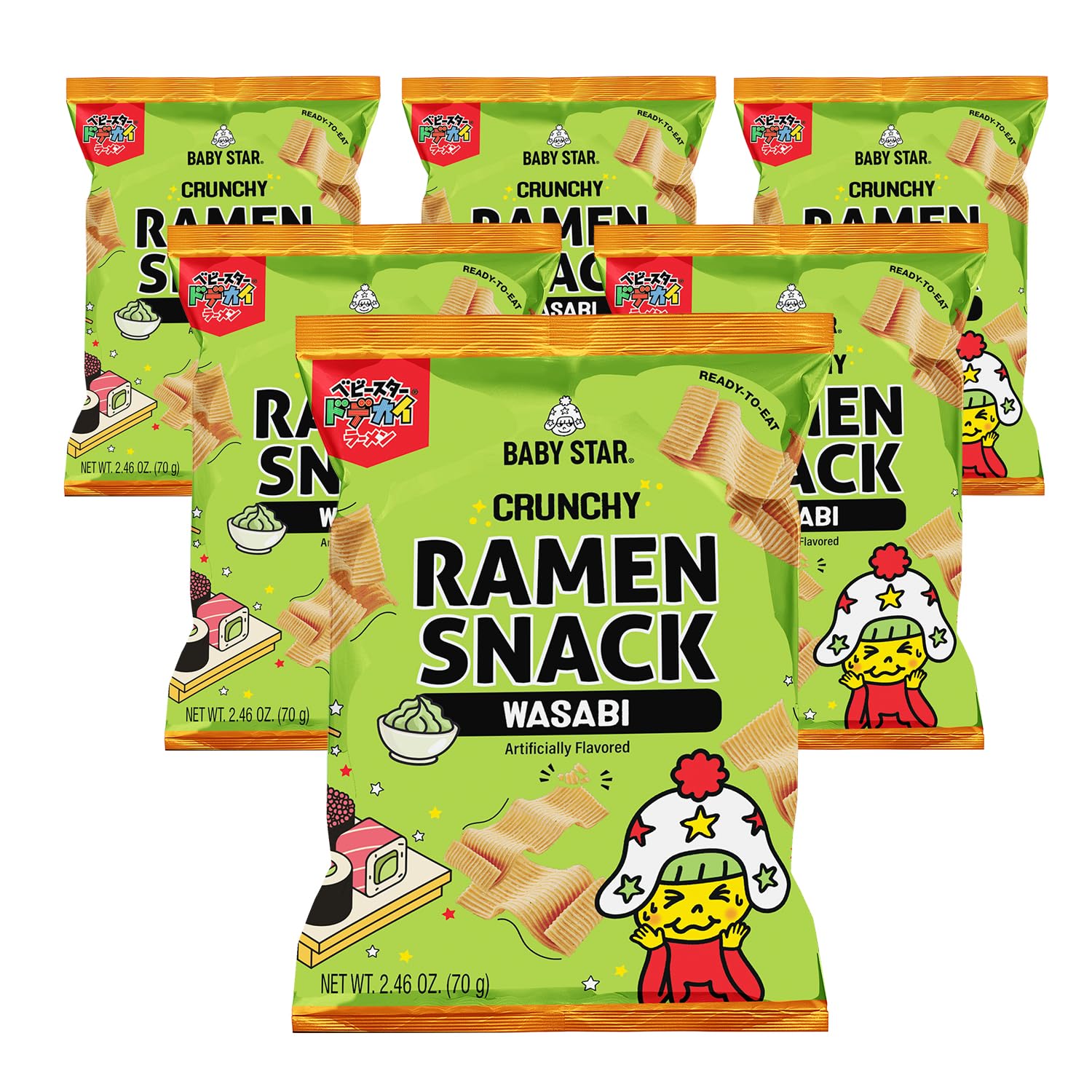Baby Star Crunchy Ramen Snack Wide | Wasabi 2.46Oz (6 Pack) | Delicious Dry Ramen Snack Packs