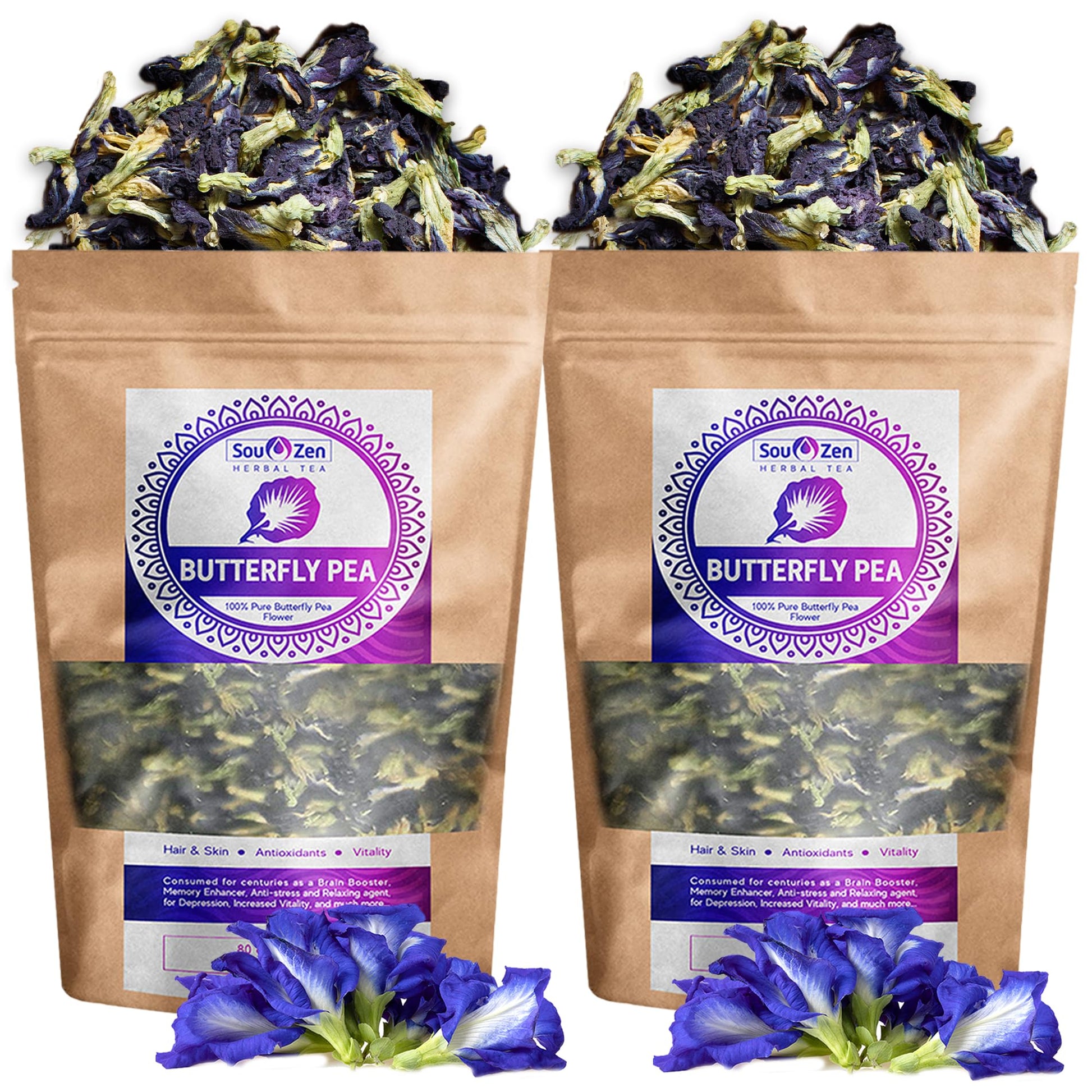 Sou Zen Butterfly Pea Flowers (80 g) Dried Tea Leaves | Natural, Raw Drink Mix w/Antioxidants, Organic Nootropics | Thai Herbal 