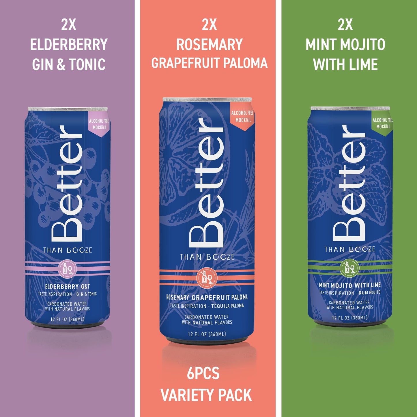 Better Than Booze Non-  ic Mocktails, 6 Pack -   -Free Drinks, 3 Varieties
