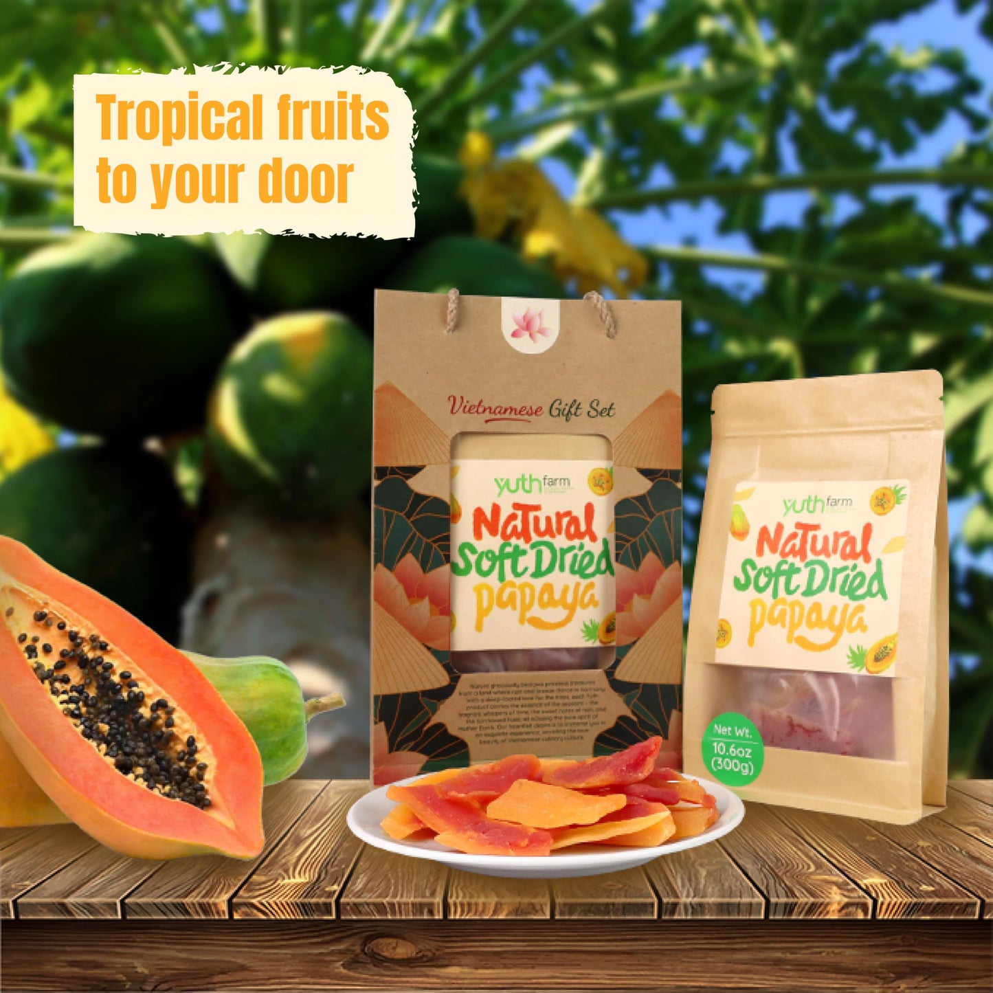 Yuth Farm Plant-Based Soft & Chewy Dried Fruit - Deliciously Healthy Snack 300G(10.6 Oz) (Papaya)