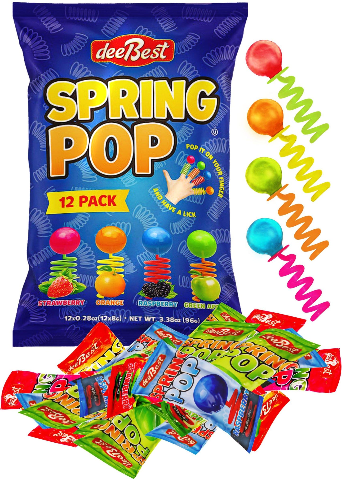 Spring Pop Finger Sucker Kids Candy on a Spring - Assorted Fun Flavors 24 Count (12 Individually Wrapped Pack of 2) Kosher Fun L