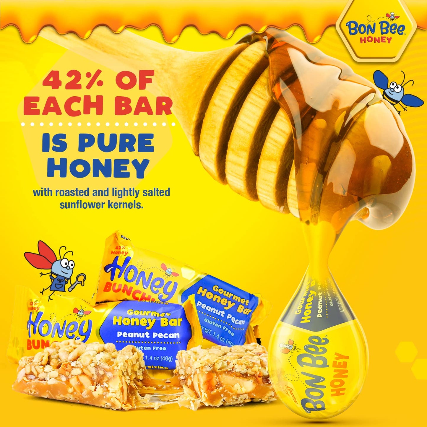 Bon Bee Honey Bunchies All Natural Honey Bar - Natural Breakfast & Nutrition Bars For Healthy Energy & Fuel - Variety Of Delicious Highlights & Perfectly Balanced, 12-1.4Oz Bars