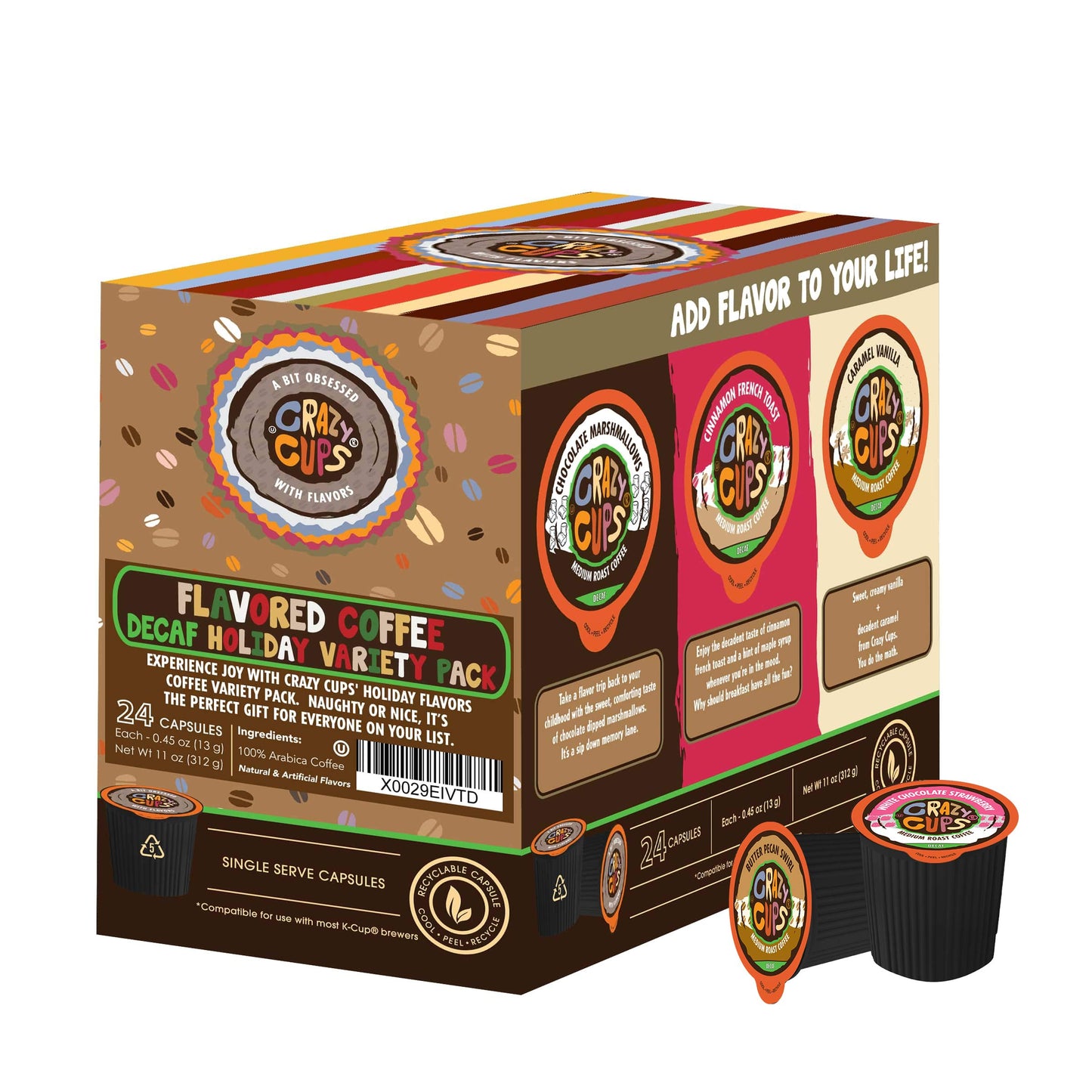 Crazy Cups Flavored Decaf Coffee Variety Pack, Hot Or Iced Coffee For Keurig K Cups Machines, Decaf Variety Pack Coffee In Recyc
