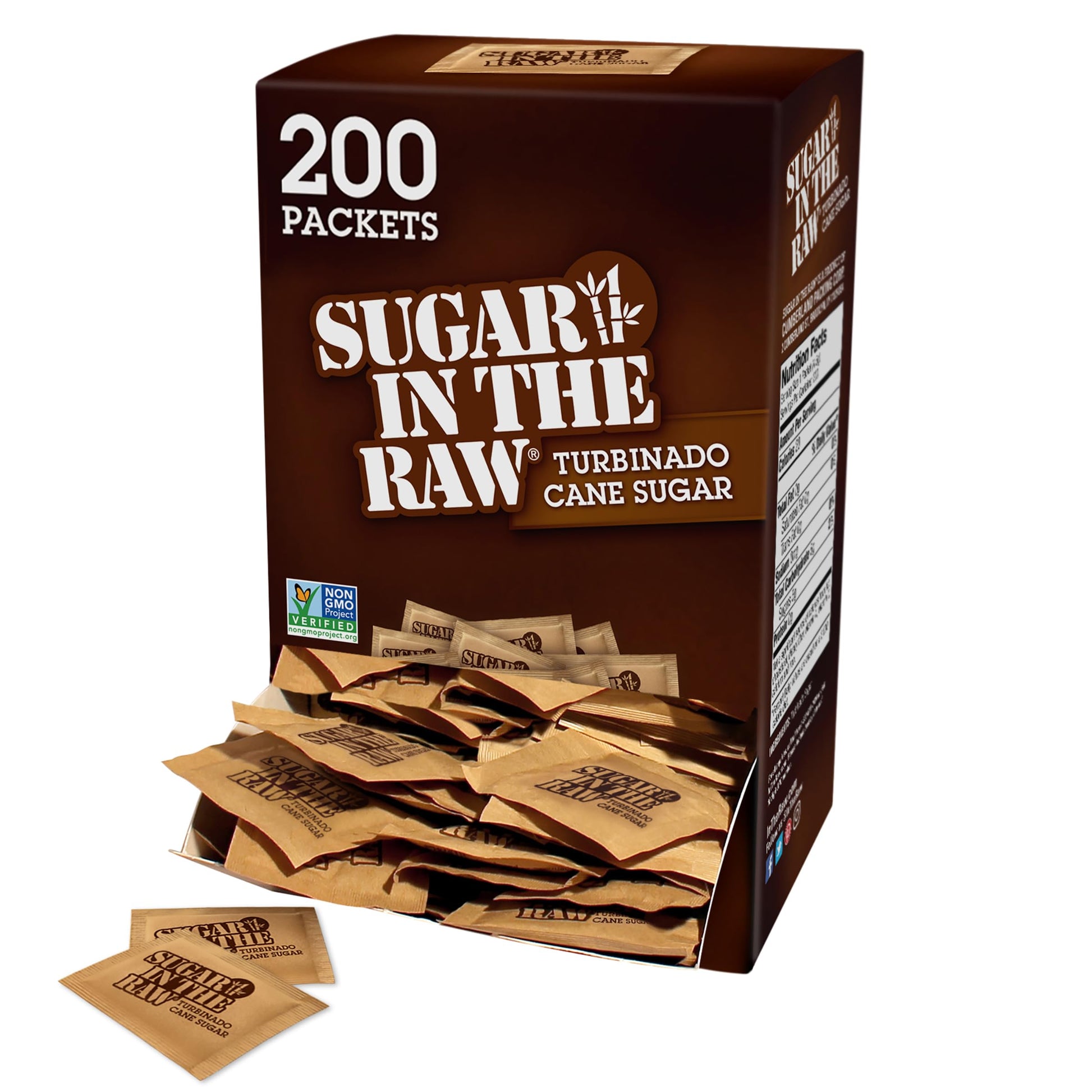 Sugar In The Raw Turbinado Cane Sugar Packets, 200 Ct Box, 1 Pack, Pure, All-Natural Turbinado Sugar, Non-GMO Project Verified, 