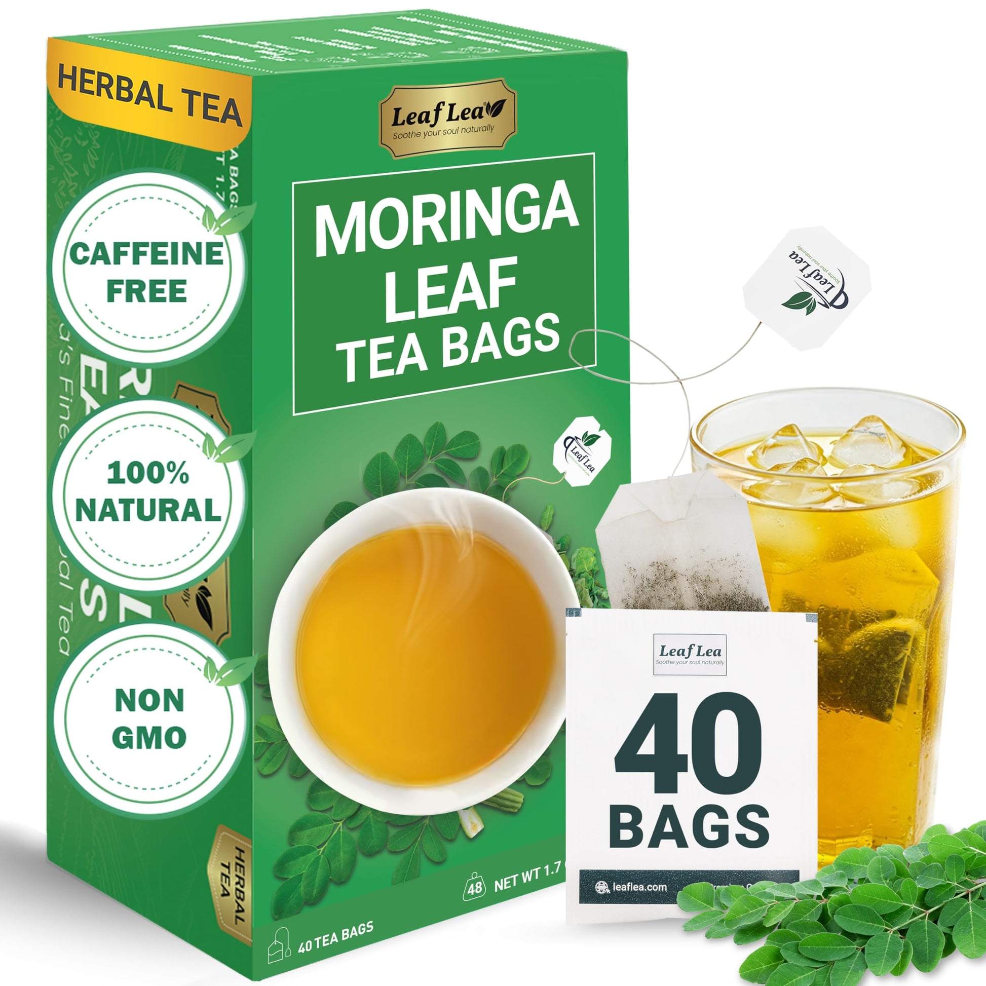 LeafLea Moringa Tea Bags - 100% Natural Herbal Tea, Caffeine-Free, Vegan - 40 Bags