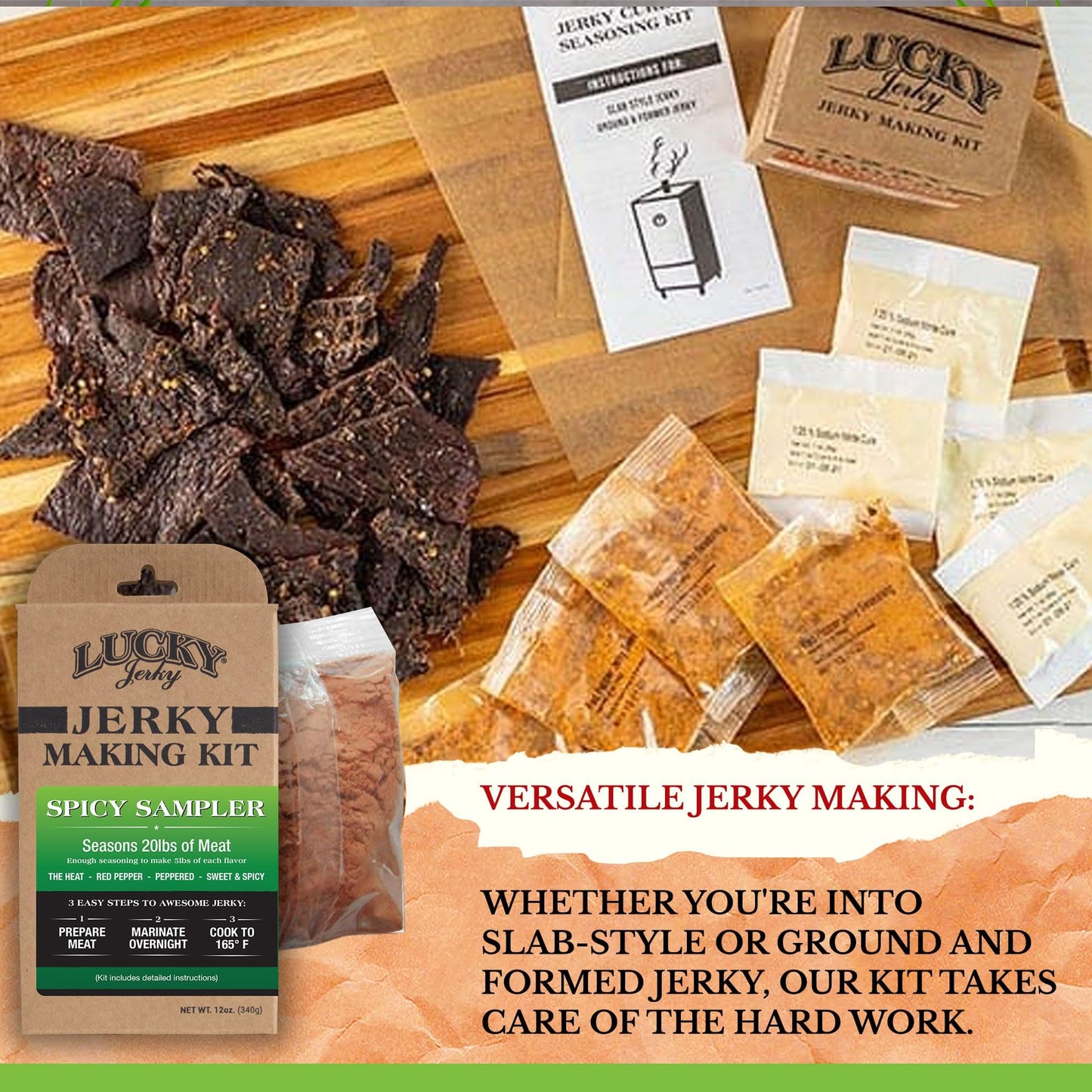 Lucky Beef Jerky Spicy DIY Jerky Seasoning Kit - 12oz - Includes Red Pepper, Black Pepper, Sweet & Spicy