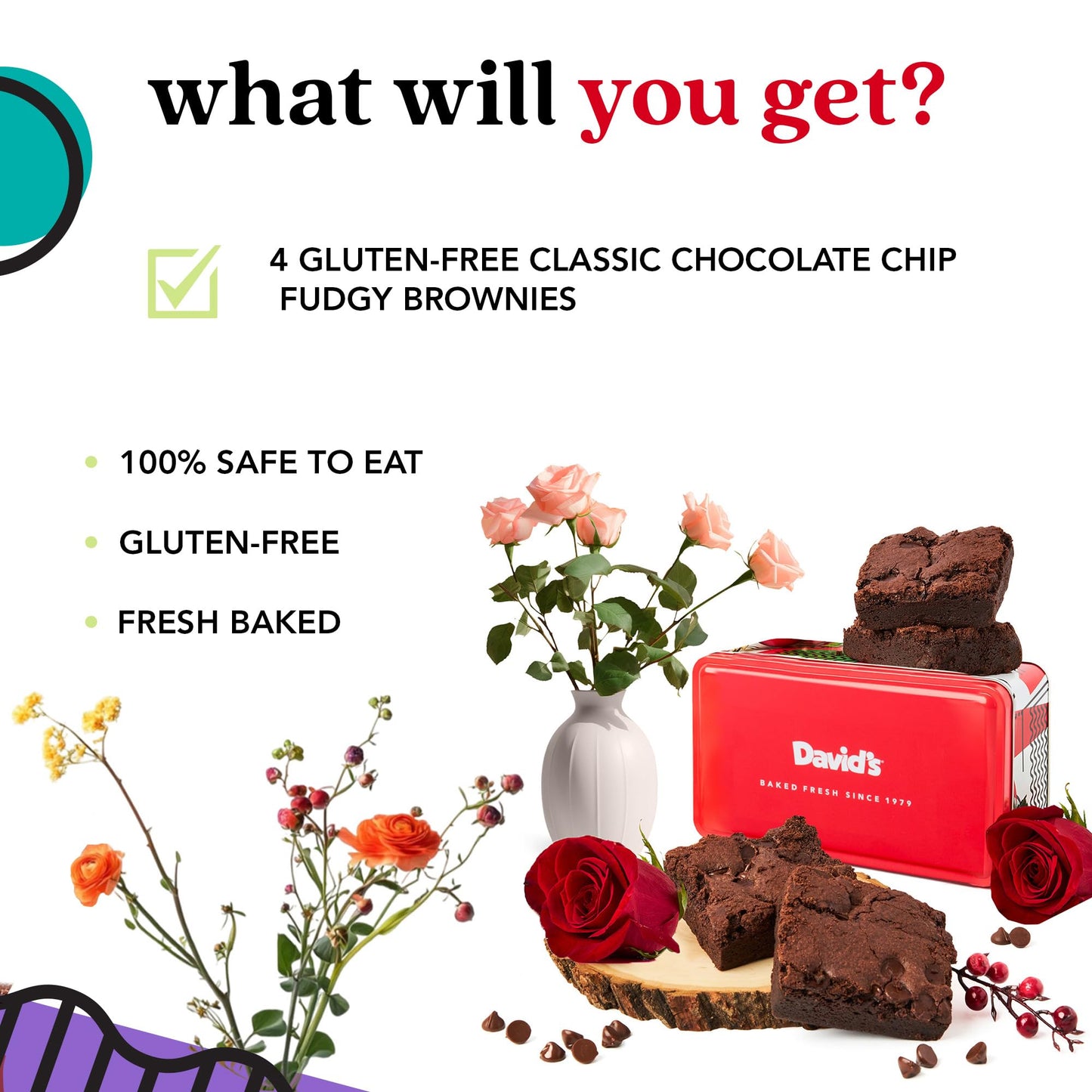 David’S Cookies Gluten-Free Brownies Gift In Sweet Sampler Tin – 4Pcs Fresh Baked Brownie Snacks – Individually Wrapped Chocolate Brownies – Gourmet Bakery & Dessert Brownie Gift For All Occasions