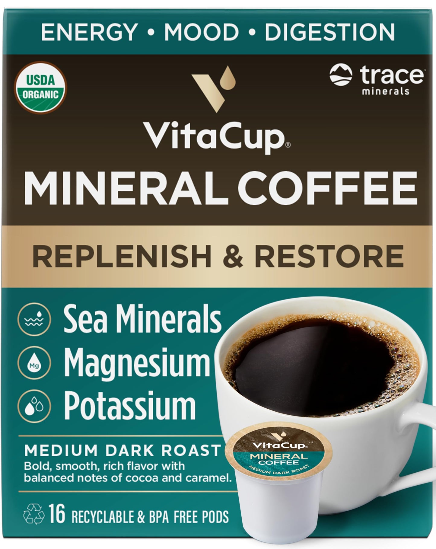 VitaCup Mineral Coffee Pods, Organic Medium Dark Roast, 16 Count, Compatible with Keurig K-Cup Brewers