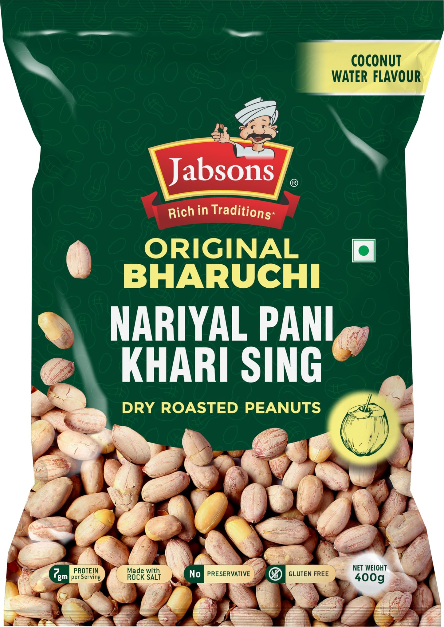 Jabsons Coconut Gluten Free Nariyal Pani Khari Sing Water Roasted Peanut/Moongphali/Shengdane 400G