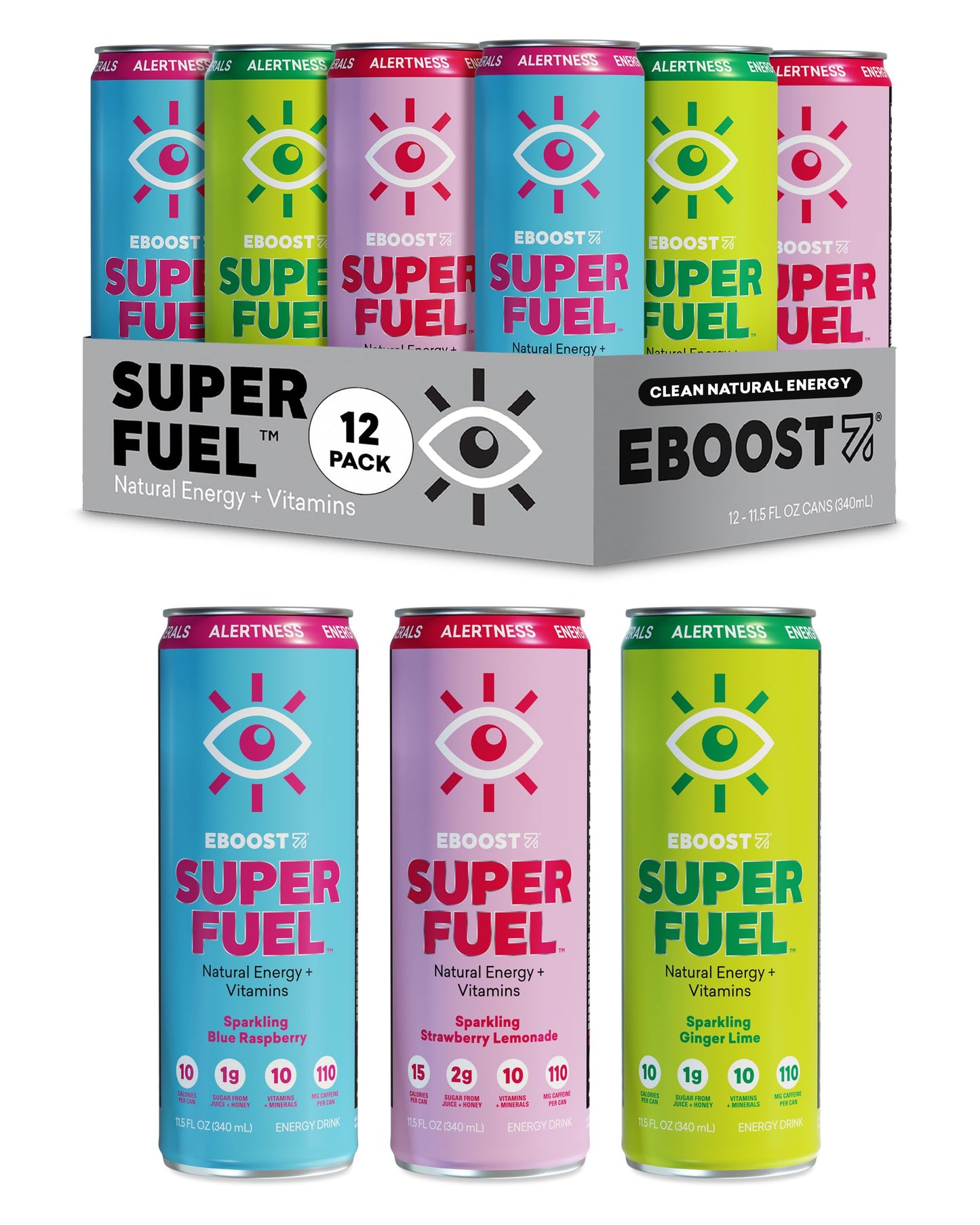 EBOOST Super Fuel Natural Energy Drink - Variety Pack  12 Pack - 3 x Orange Mango  Strawberry Lemonade  Ginger Lime  and Blue Raspberry - Natural Caffeine from Coffee and Green Tea
