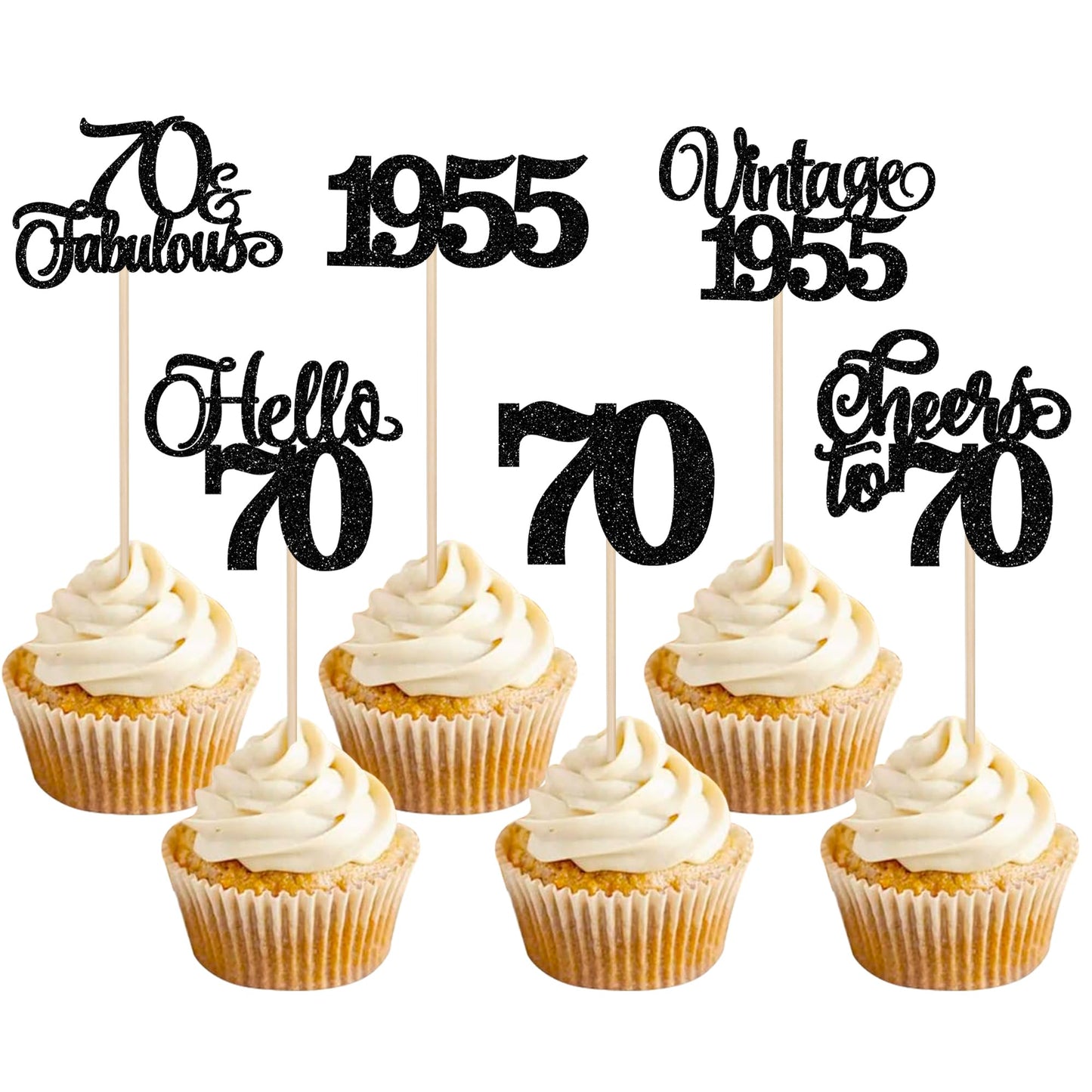 Rsstarxi 24 Pack Cupcake Toppers Glitter Seventy for 70th Birthday Party, Black Paper Decorations