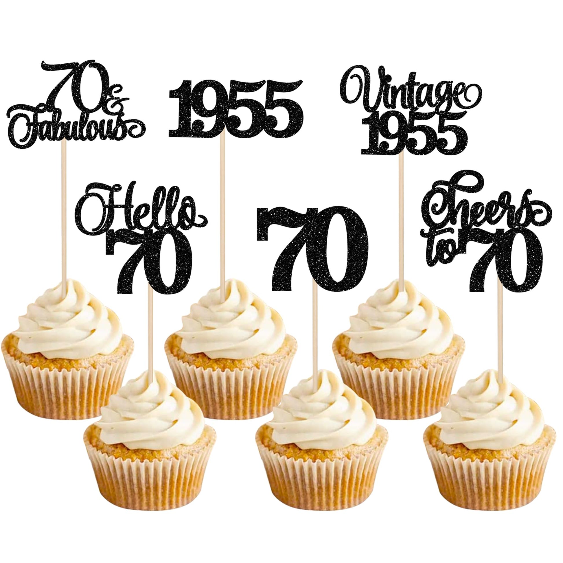 Rsstarxi 24 Pack Cupcake Toppers Glitter Seventy for 70th Birthday Party, Black Paper Decorations