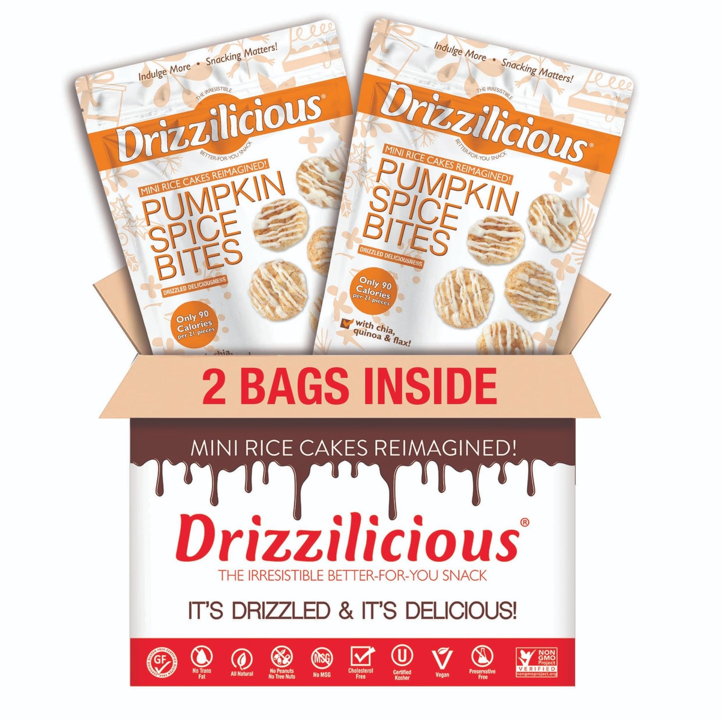 Drizzilicious Mini Rice Cakes - Rice Crisps, Healthy Snack For Mature-Themeds And Kids, Flavored Rice Cakes, Vegan, Gluten Free, Only 90 Calories Per Serving - Pumpkin Spice, 4 Oz (Pack Of 2)