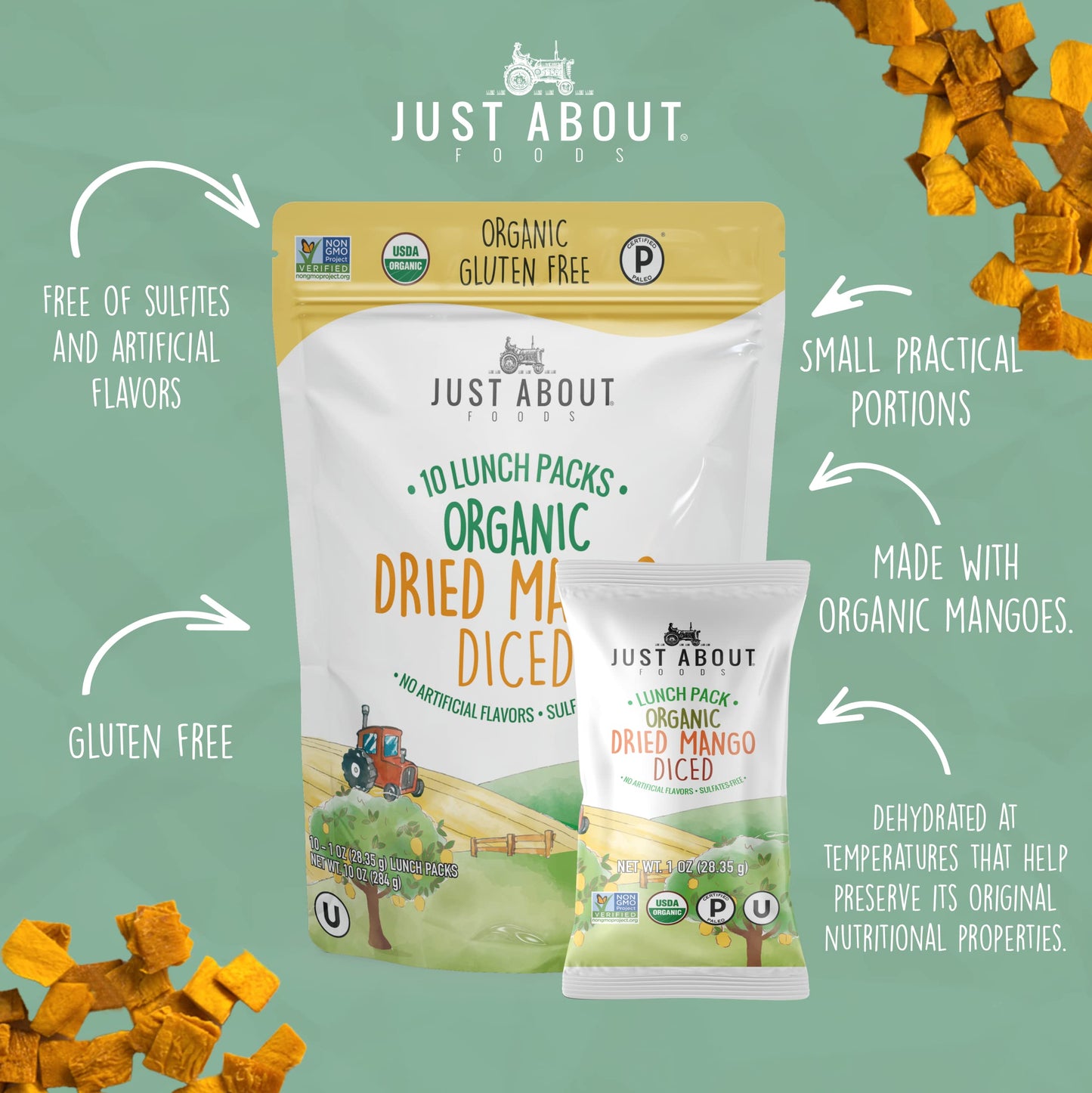 Organic Dried Mango Diced, 10 Lunch Packs 1 Oz Each, Bag Contains 10 Oz In Total