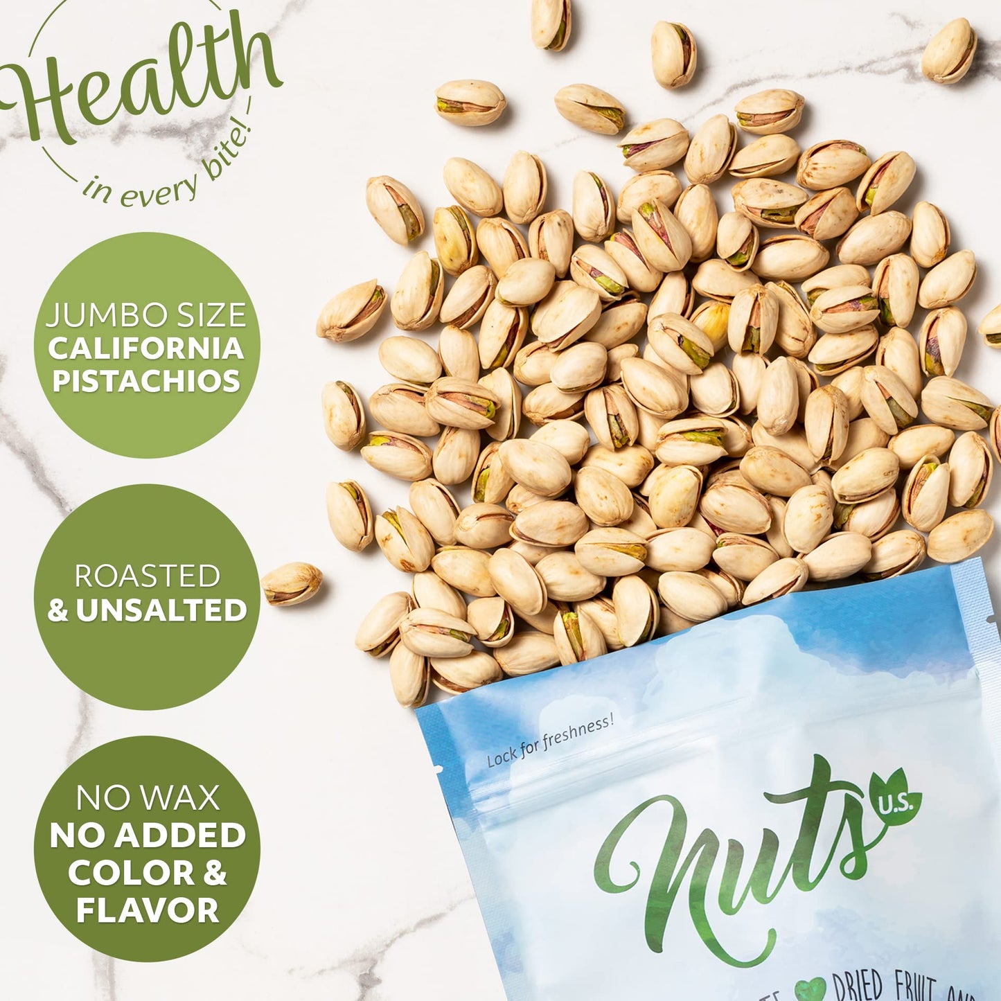 NUTS U.S. - California Pistachios | Roasted & Salted | No Wax, No Added Color or Flavor | NON-GMO and Natural | JUMBO SIZE Pista