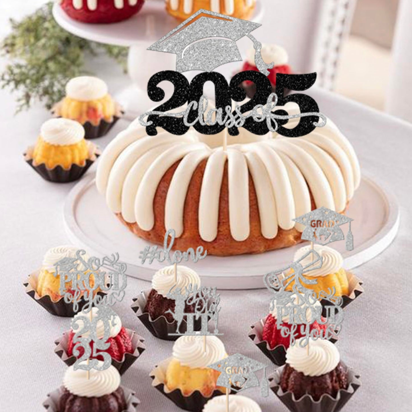 YCTHUNFISH Graduation Cupcake Toppers, 25 Pack, Glitter, Silver, Paper, 2025 Theme Party Decorations