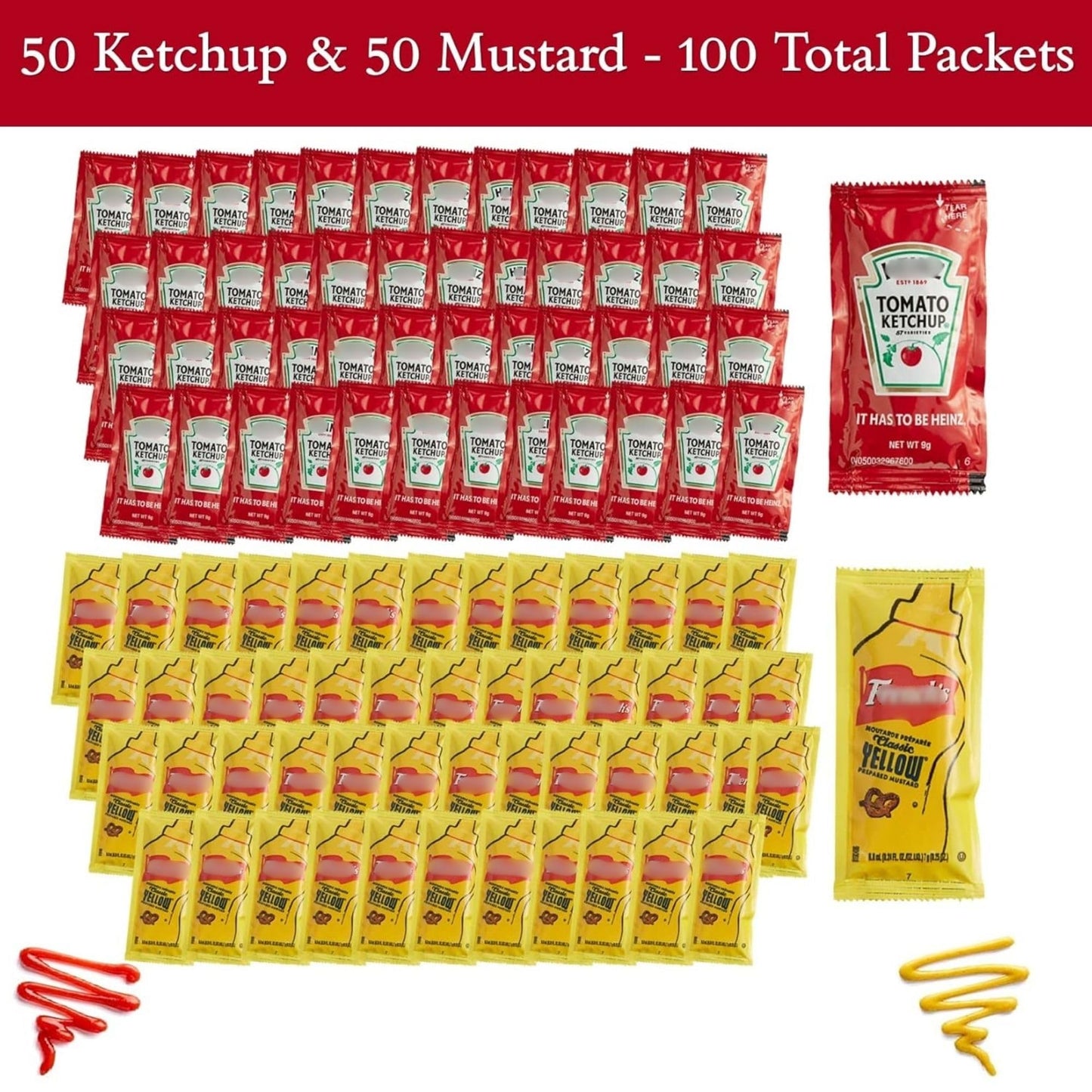 Gift Set: 50 Ketchup (9g) & 50 Mustard (7g) Packets - 100 Total Condement Packs with CMC Products Clip with Spreader (approximat