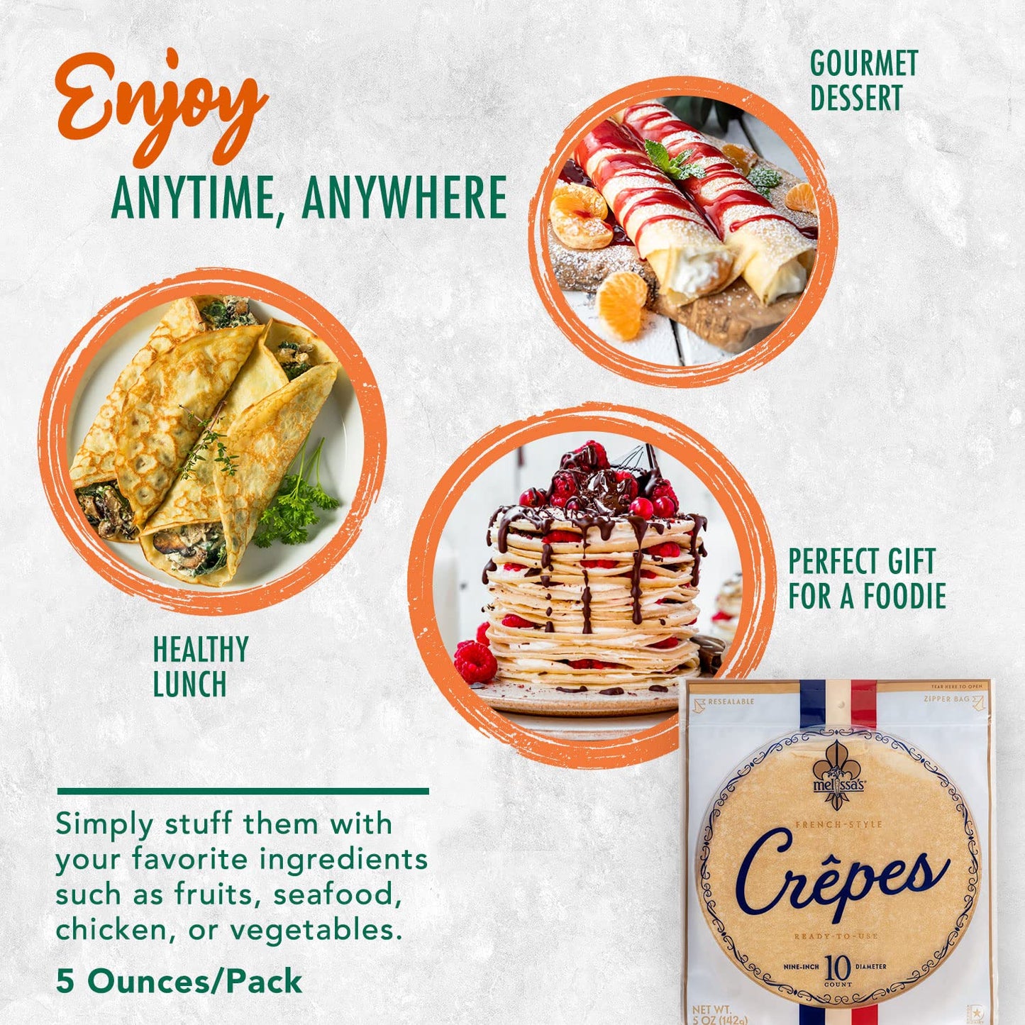 Melissas Ready-to-Eat Plain Crepes, 9-inch, 15 Ounce (Pack of 1), Healthy Snack Options for Kids and mature-themeds, 10 Count