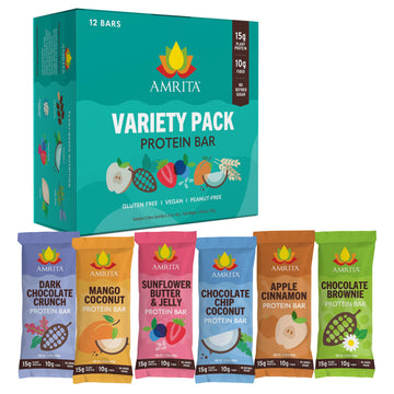 Amrita Vegan Protein Bars Variety Pack (6 Flavors) | Peanut/Dairy Free, Soy & Gluten Free | 15G Plant Based Protein Bars | High 