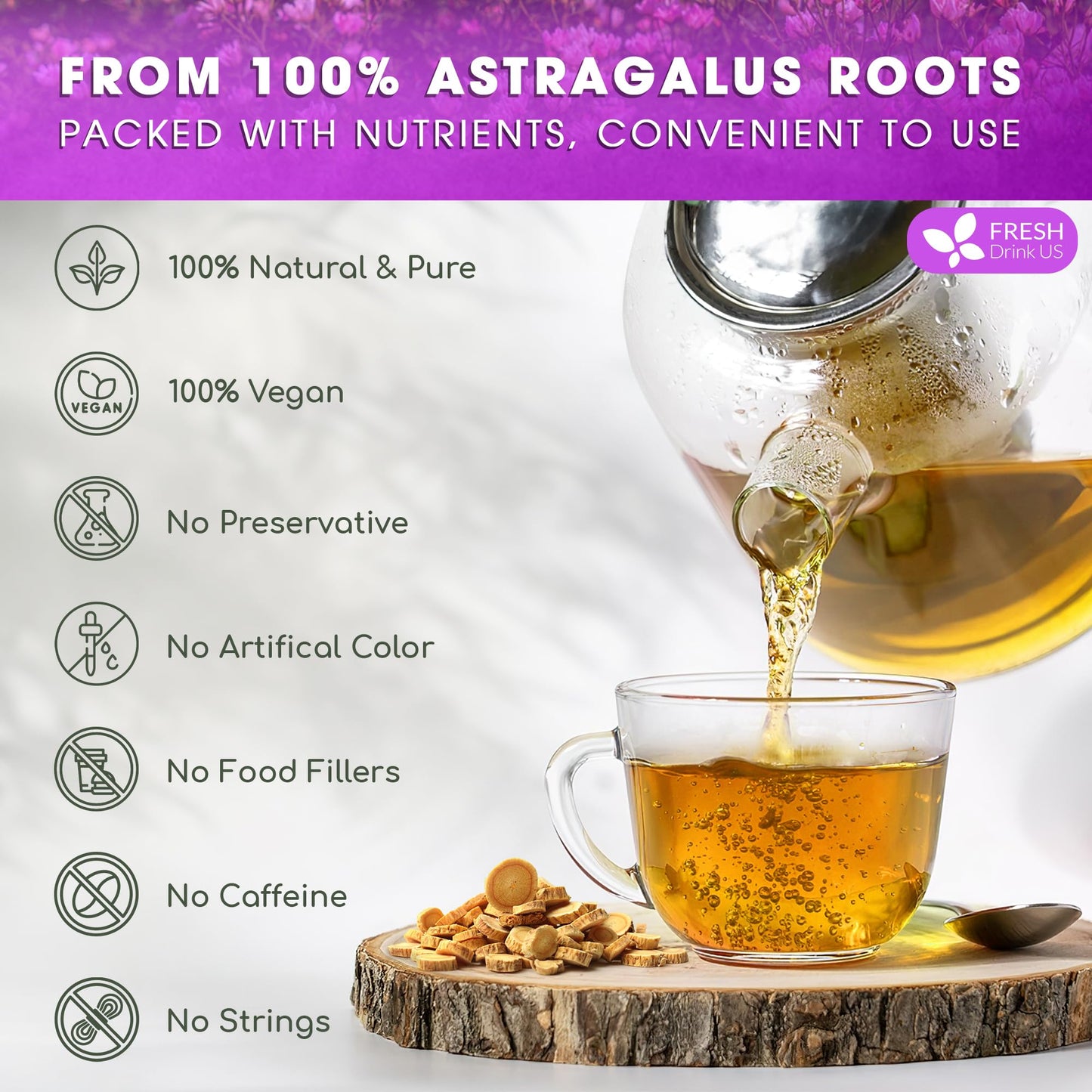 FRESHDRINKUS Astragalus Root Herbal Tea Bags, 100% Natural, Vegan, 55 Tea Bags
