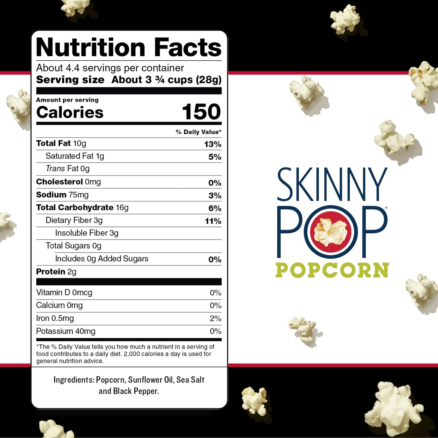 Skinnypop Sea Salt & Pepper Popcorn, Gluten Free, Non-Gmo, Healthy Popcorn Snacks, Skinny Pop, 4.4Oz Grocery Size Bags (12 Count