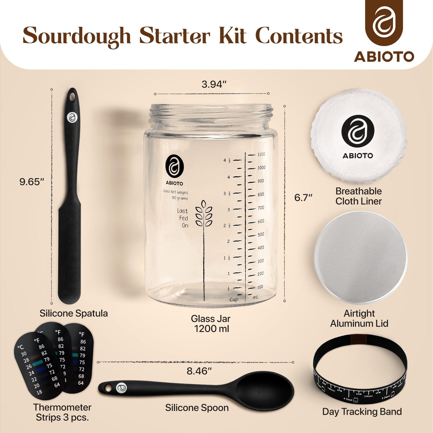 ABIOTO Sourdough Starter Kit with 40 oz Glass Jar, Thermometer Strips, and Covers - Transparent Glass, Model SSK-1200ml