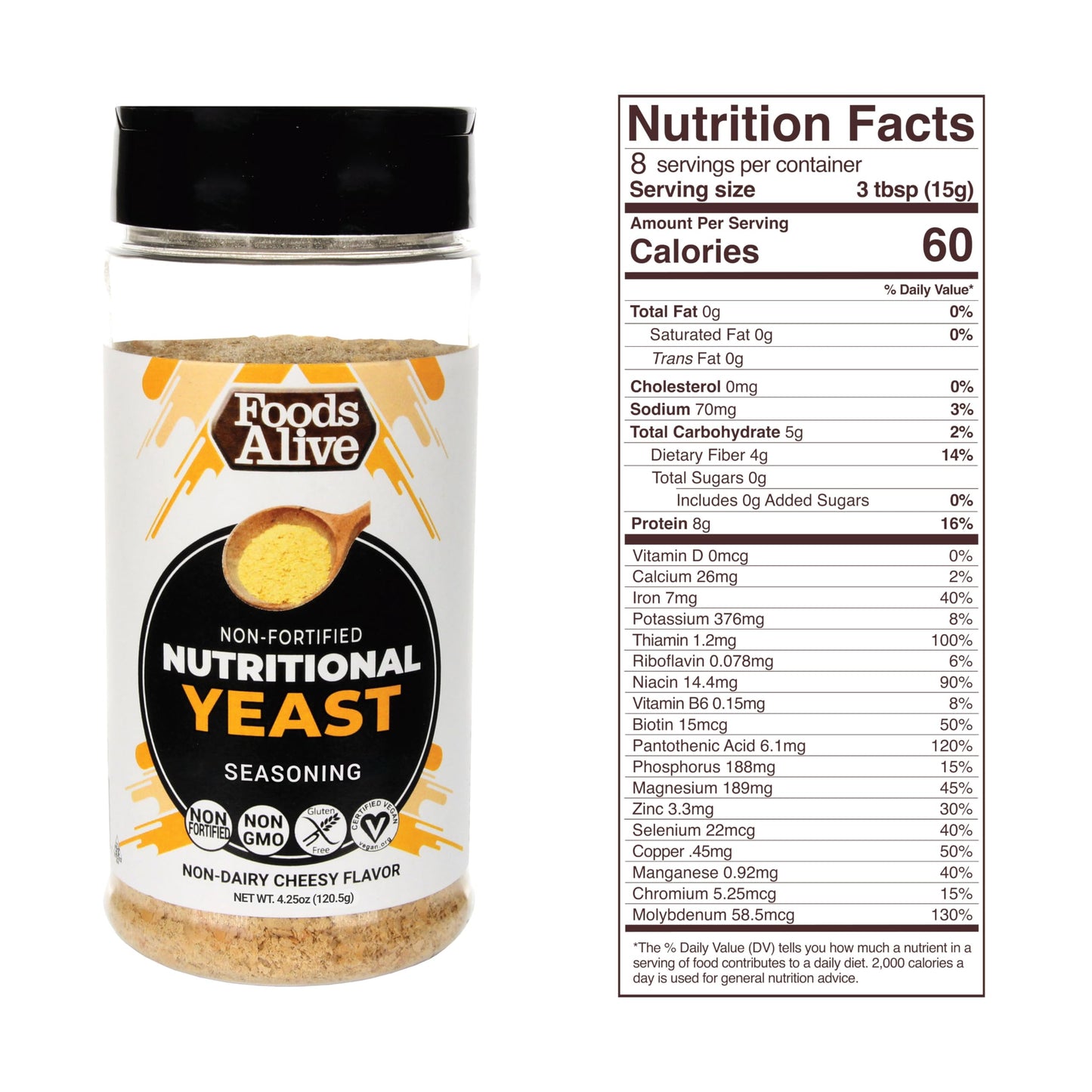 Foods Alive Nutritional Yeast Flakes, Non-Fortified, Gluten-Free, Plant-Based Protein, 6oz Shaker