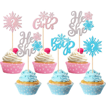 24 Pcs Snowflake Boy Or Girl Cupcake Toppers Glitter He Or She Snoweflake Cupcake Picks Gender Reveal Cake Decorations For Winte