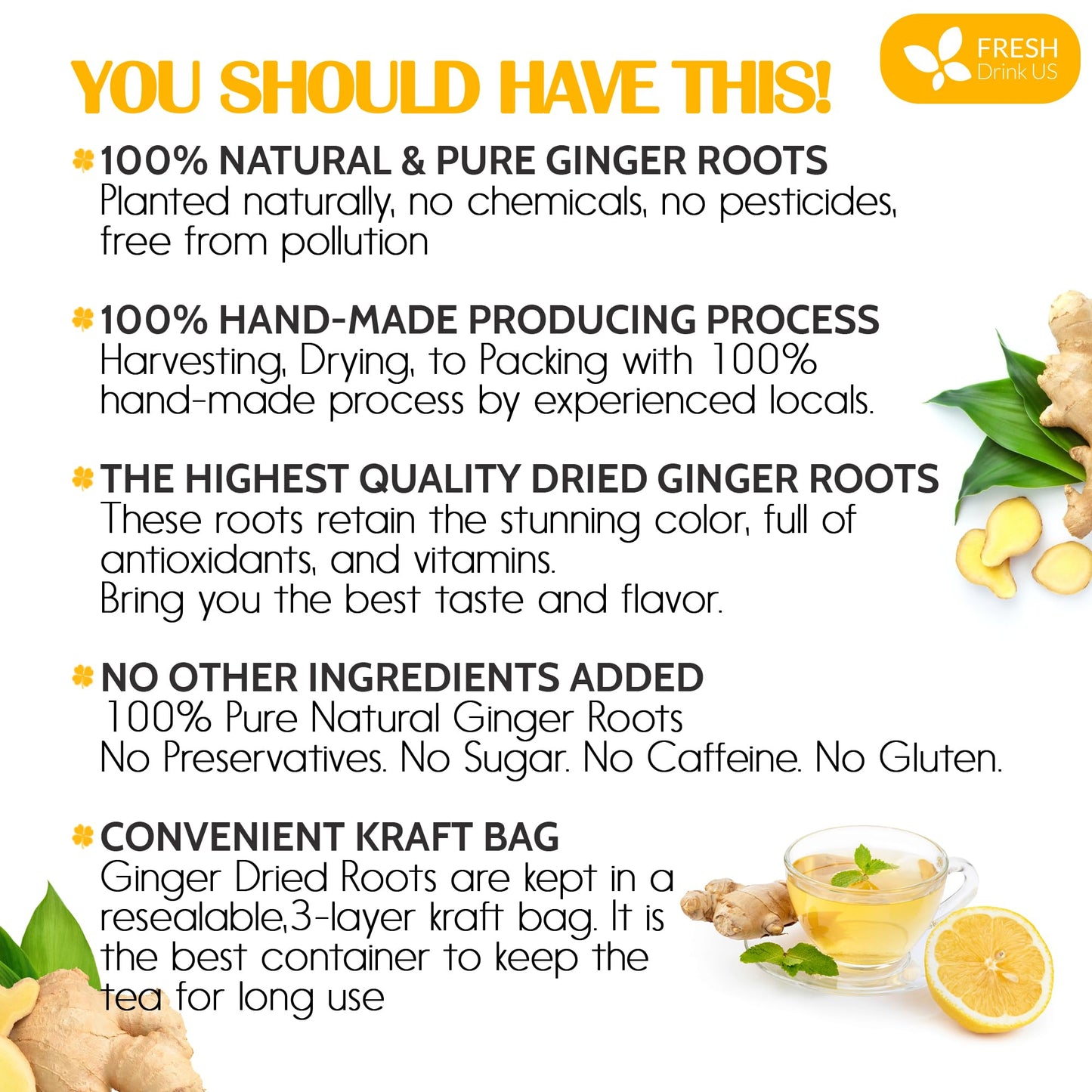 FRESHDRINKUS Premium Ginger Root Tea, 100% Natural & Pure, 10oz, Vegan, Caffeine-Free