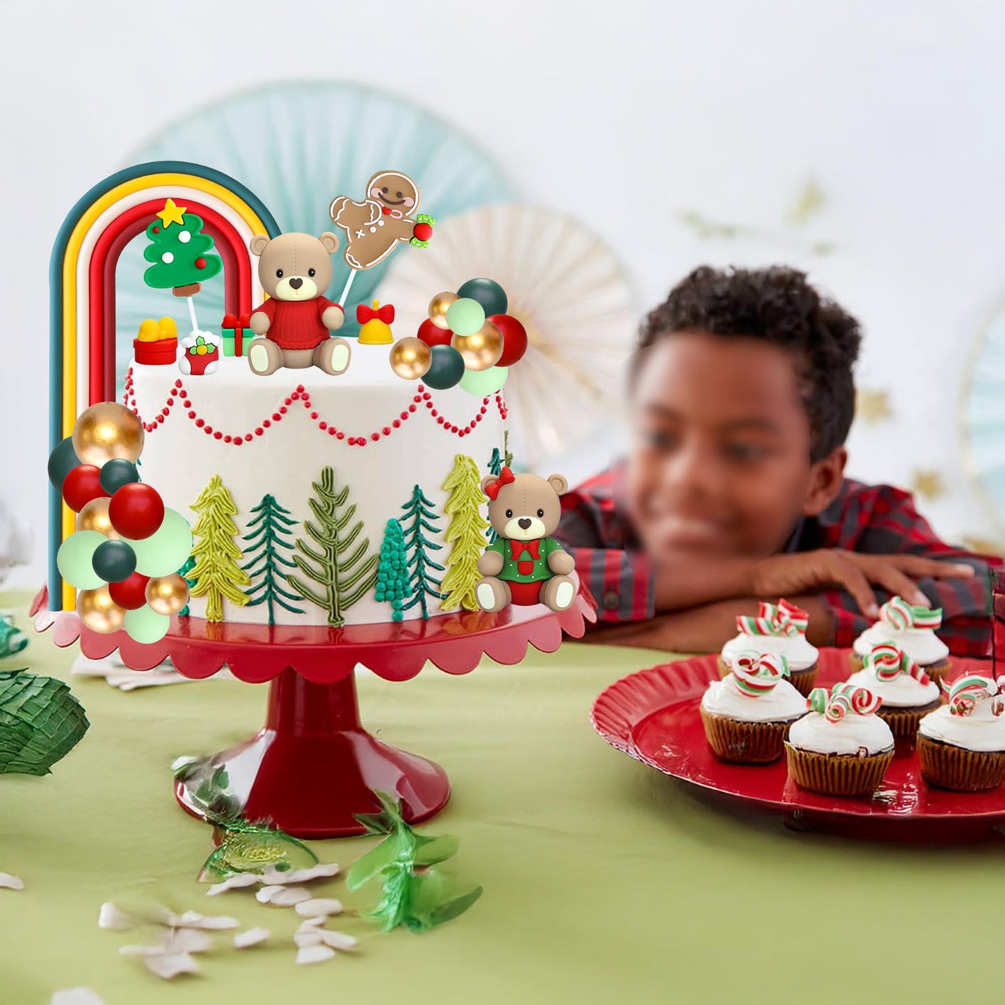 Ephlyn Christmas Bear Cake Toppers Rainbow Ball Cake Decorations Xmas Tree Gingerbread Man Socks Cupcake Toppers For Halloween Theme Baby Shower Birthday Party Supplies Red
