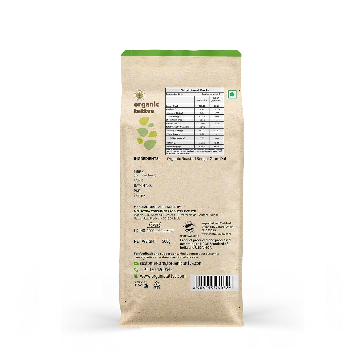 Organic Tattva, Organic Roasted Chana Dal, 500G | 100% Vegan, Gluten Free And No Additives