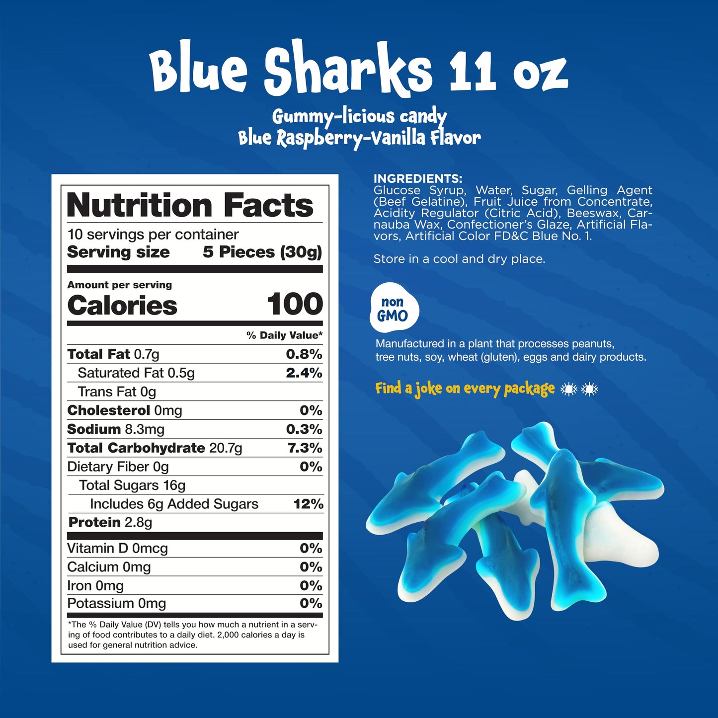 Funtasty Blue Sharks Gummy Candy - 11 Ounce Bag - Blue Raspberry Marshmallow Flavor