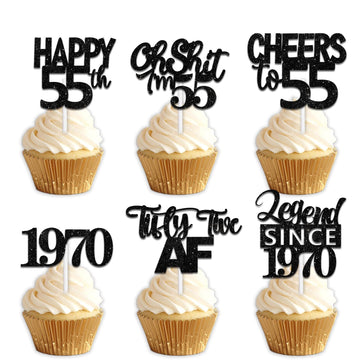 18pcs Black Glitter Happy 55th Dessert Cupcake Topper Pick for Funny Legend Since 1970 Theme Decor Supplies Men Women Happy 55 B