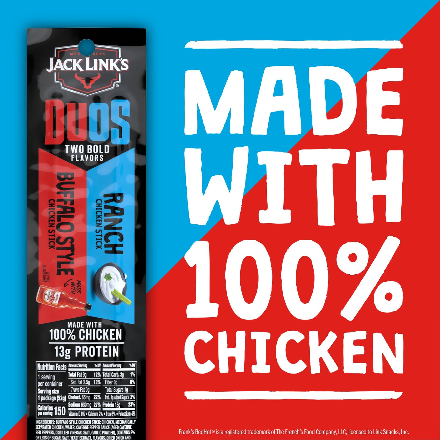 Jack Link s DUOs Chicken Jerky Meat Snack Sticks with 13g Protein - Frank s RedHot Buffalo Style With Creamy Ranch  Made with 100% Chicken  Two Flavors in One Package  1.84oz (10 Pack of 2 Sticks)