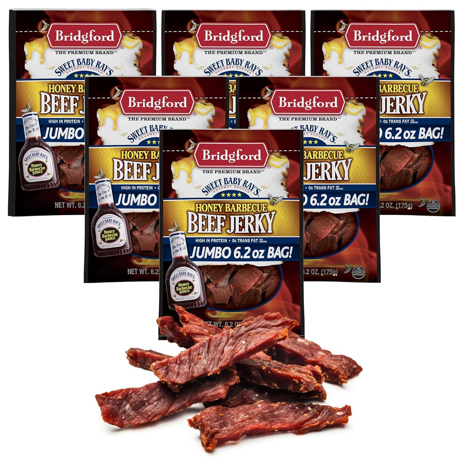 Bridgford Beef Jerky Honey BBQ - High Protein Snack, 6.2 oz Pack of 6, Naturally Smoked, Ready to Eat, Perfect for On-the-Go Snacking