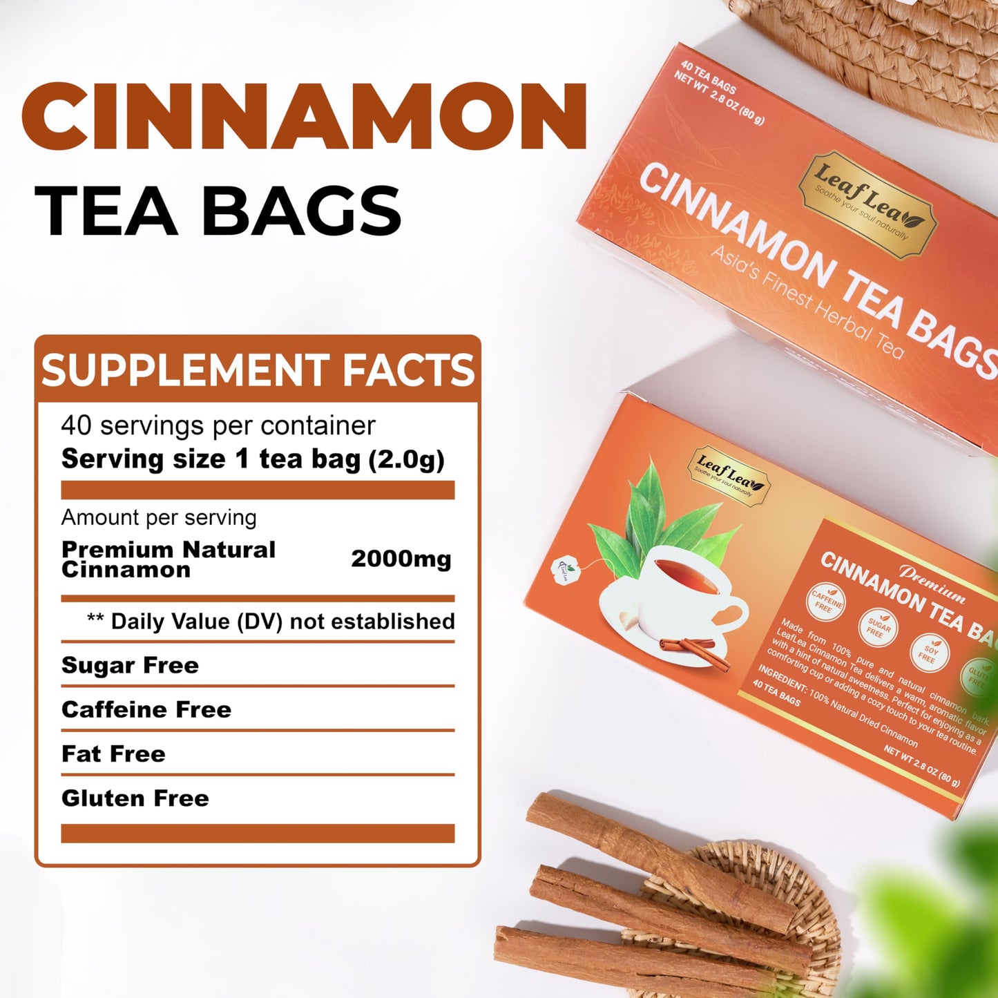 LeafLea Premium Herbal Cinnamon Tea Bags, Caffeine-Free, Sugar-Free, Non-GMO, Vegan, 120 Bags (Pack of 3)
